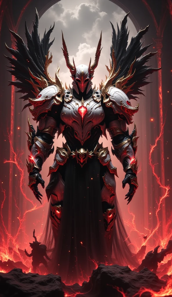 an adult male saint who is accompanied by angel demons Full body mechanized image of the Chief。His muscular robotic body ， wearing white gold black red holy knight armor ， has dark red glowing eyes and white gold red black mechanical wings 。 He boldly stands inside a mysterious black and red mechanical church ，Surrounded by countless knight warrior followers 。 composition underlines his majestic presence ， Eye-catching lights and dramatic shadows accentuate his armor and the church's strange atmosphere。 dark red light in his eyes symbolizes the holy and fallen 。 This setting is a cyberpunk-inspired futurist mechanism ，Without a cape 。 Bold composition captures the grandiose and sinister energy of the scene 。,Neon Glow,Holographic Network,Starlight Pixel