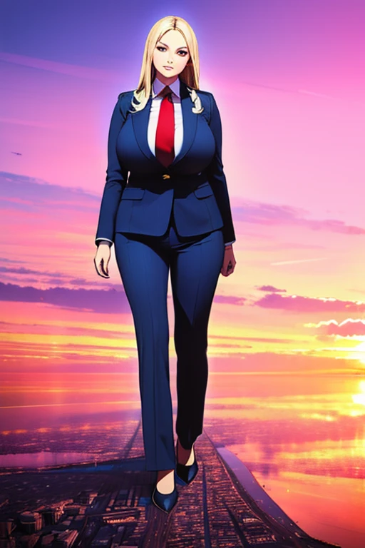 Looking up at the approaching young giantess, Giantess art, 500 miles tall giga giantess, young sophisticated and stylish woman in a light blue italian pinstriped trouser suit, form fitting crisp black office shirt, and a large wide blue necktie in a windsor knot, with a beautiful, curvaceous figure, large natural breasts, and long wavey blonde hair, with a curvaceous figure and massive breasts. wearing blue rounded court high heels with uncovered feet and standing, rampage-like pose, with a city skyscrapers background of mega-city, skyscapers, partially obscured by a hazy, cloudy atmosphere. The image is a high-resolution, masterpiece-quality, cinematic, ultra-detailed, and hyper-photorealistic photograph, with perfect hands, face, and lighting. ultra-detailed, 8K, photo-realistic, hyper-realistic, masterpiece, intricate details, full body view. Looking at camera, The image is a high-resolution, masterpiece-quality, cinematic, ultra-detailed, and hyper-photorealistic photograph, with perfect hands, face, and lighting. ultra-detailed, 8K, photo-realistic, hyper-realistic, masterpiece, intricate details,