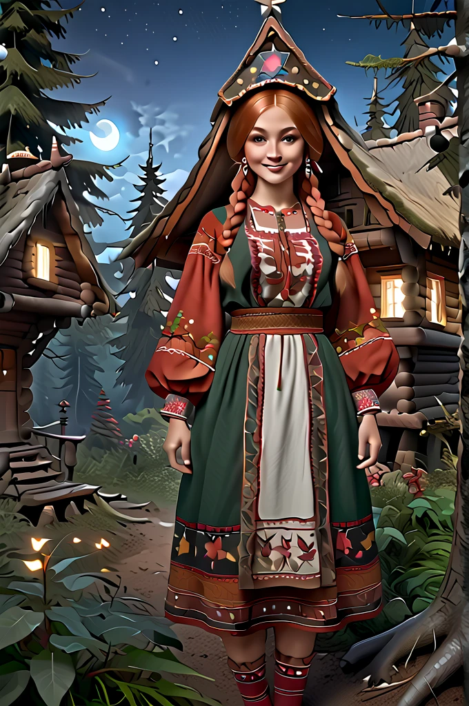 ( extremely detailed : 1.5), ИДЕАЛЬНЫЙ РЕНДЕР OCTANE UNREAL ENGINE5 GLOSSING GLOWING BLIKS глянцевая сцена,
 Girl in Russian national costume .  Redhead with two braids .  Long ultra-smooth shiny hair, ribbons, bows, knee-length ,   facing the viewer , (((smile))), русский sundress,   Standing and looking at the camera  . on knees,   long braid  ,   thick braid on shoulder  ,   braid with ribbon  ,  Kokoshnik , (((в зелёном словянском sundressе))),   Slavic national clothes ,  ((( Kokoshnik ))), sundress, Embroidery, monists ,   in an embroidered shirt .
the forest,  christmas trees , сосновые trees, Ale, thickets, flowers, branches , Baba Yaga, (((Slavic fantasy))), (((Bilibin ))) в стиле Bilibin а.   Wooden architecture .
  Many elements and details . 
Terrain:
Spruce forest,  christmas trees , thickets, Ale, fly agarics , twilight, ( wandering lights1  .5), the forest, the forestная поляна, stones, Bushes, flowers, branches , leaves, (trees1 .5), grass, Mushrooms, Shine, magic,  Particles of light, ((( fireflies1  .5))), Shimmering,   on the horizon moon , clouds,  starry sky on socks , Mountains, the forest, trees, Hut.
(((  Detailed background1 .5))) ( top quality , 8 k,  high resolution,  masterpiece fails:1.2),  ultradetailed , ( realistic, photo realistic, photo,  realistic:1.37), HDR,  studio lighting ,  sharp focus ,  physical-based visualization ,  extremely detailed description ,  professional, bright colors, hips, perfect pose,  perfect anatomy , perfect hands.  PERFECT HAIR WITH SILK SHINE .
