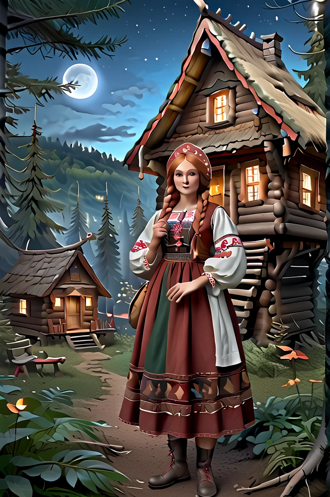 ( extremely detailed : 1.5), ИДЕАЛЬНЫЙ РЕНДЕР OCTANE UNREAL ENGINE5 GLOSSING GLOWING BLIKS глянцевая сцена,
 Girl in Russian national costume .  Redhead with two braids .  Long ultra-smooth shiny hair, ribbons, bows, knee-length ,   facing the viewer , (((smile))), русский sundress,   Standing and looking at the camera  . on knees,   long braid  ,   thick braid on shoulder  ,   braid with ribbon  ,  Kokoshnik , (((в зелёном словянском sundressе))),   Slavic national clothes ,  ((( Kokoshnik ))), sundress, Embroidery, monists ,   in an embroidered shirt .
the forest,  christmas trees , сосновые trees, Ale, thickets, flowers, branches , Baba Yaga, (((Slavic fantasy))), (((Bilibin ))) в стиле Bilibin а.   Wooden architecture .
  Many elements and details . 
Terrain:
Spruce forest,  christmas trees , thickets, Ale, fly agarics , twilight, ( wandering lights1  .5), the forest, the forestная поляна, stones, Bushes, flowers, branches , leaves, (trees1 .5), grass, Mushrooms, Shine, magic,  Particles of light, ((( fireflies1  .5))), Shimmering,   on the horizon moon , clouds,  starry sky on socks , Mountains, the forest, trees, Hut.
(((  Detailed background1 .5))) ( top quality , 8 k,  high resolution,  masterpiece fails:1.2),  ultradetailed , ( realistic, photo realistic, photo,  realistic:1.37), HDR,  studio lighting ,  sharp focus ,  physical-based visualization ,  extremely detailed description ,  professional, bright colors, hips, perfect pose,  perfect anatomy , perfect hands.  PERFECT HAIR WITH SILK SHINE .
