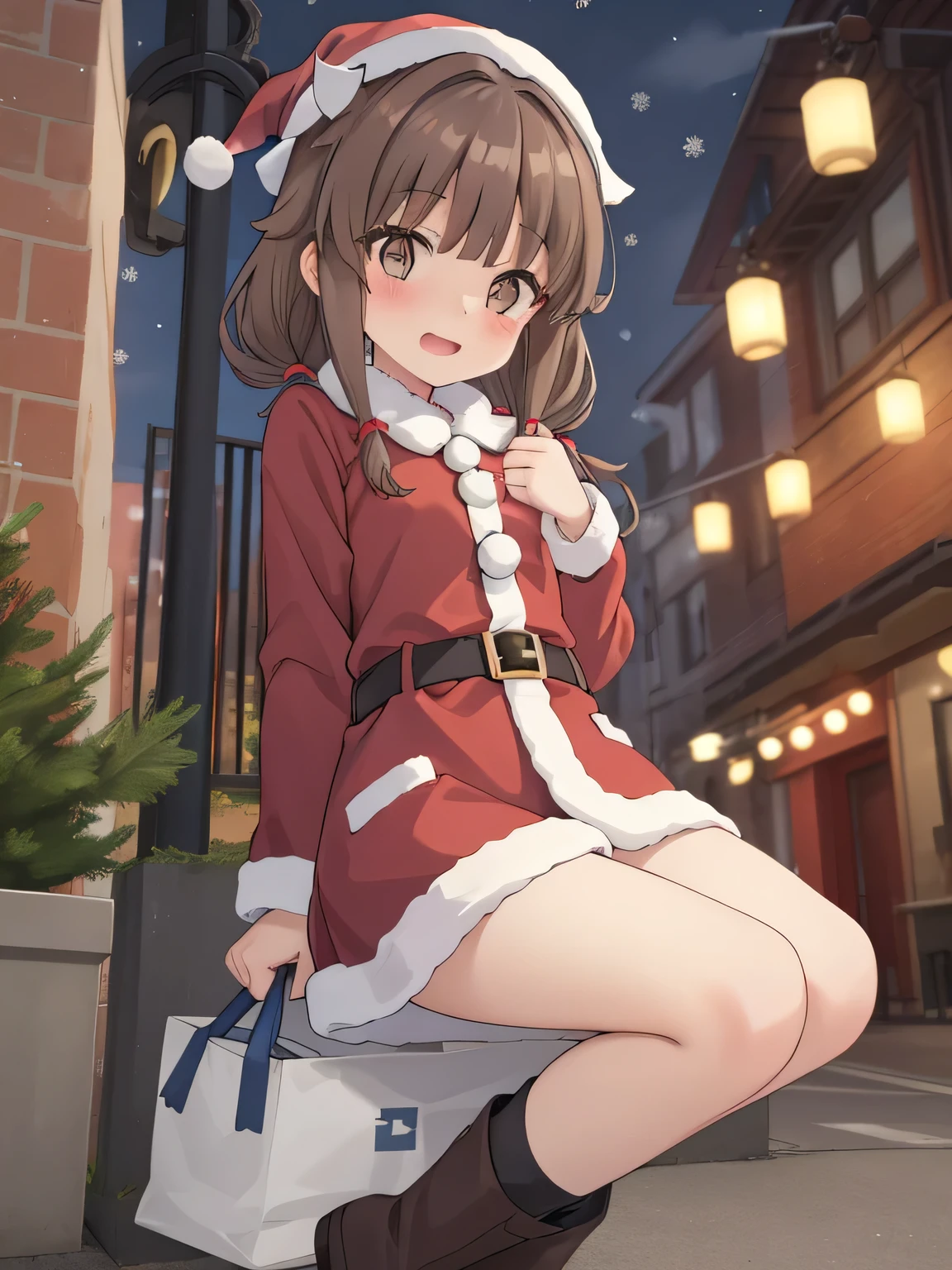 She is dressed in a classic Santa Claus outfit, with a red and white coat, a matching skirt, and black boots, perfectly tailored to her small frame. On her back, she carries a large, white sack filled with presents, the soft fabric of the bag hinting at its generous contents. The The background is a street corner illuminated with Christmas decorations, with the sky transitioning from a warm orange of sunset to the cool blue of night. Snowflakes gently fall, adding to the tranquil winter atmosphere. The girl’s bright and cheerful expression contrasts beautifully with the peaceful surroundings, evoking a sense of warmth and festive joy.  ((masterpiece)),( top quality ), Official Art ,  very detailed CG, Unity 8k wallpaper , ultra detail , brown_hair,side lock,low_ twin tails, brown_eye, twin tails,White socks, loafers without pants.