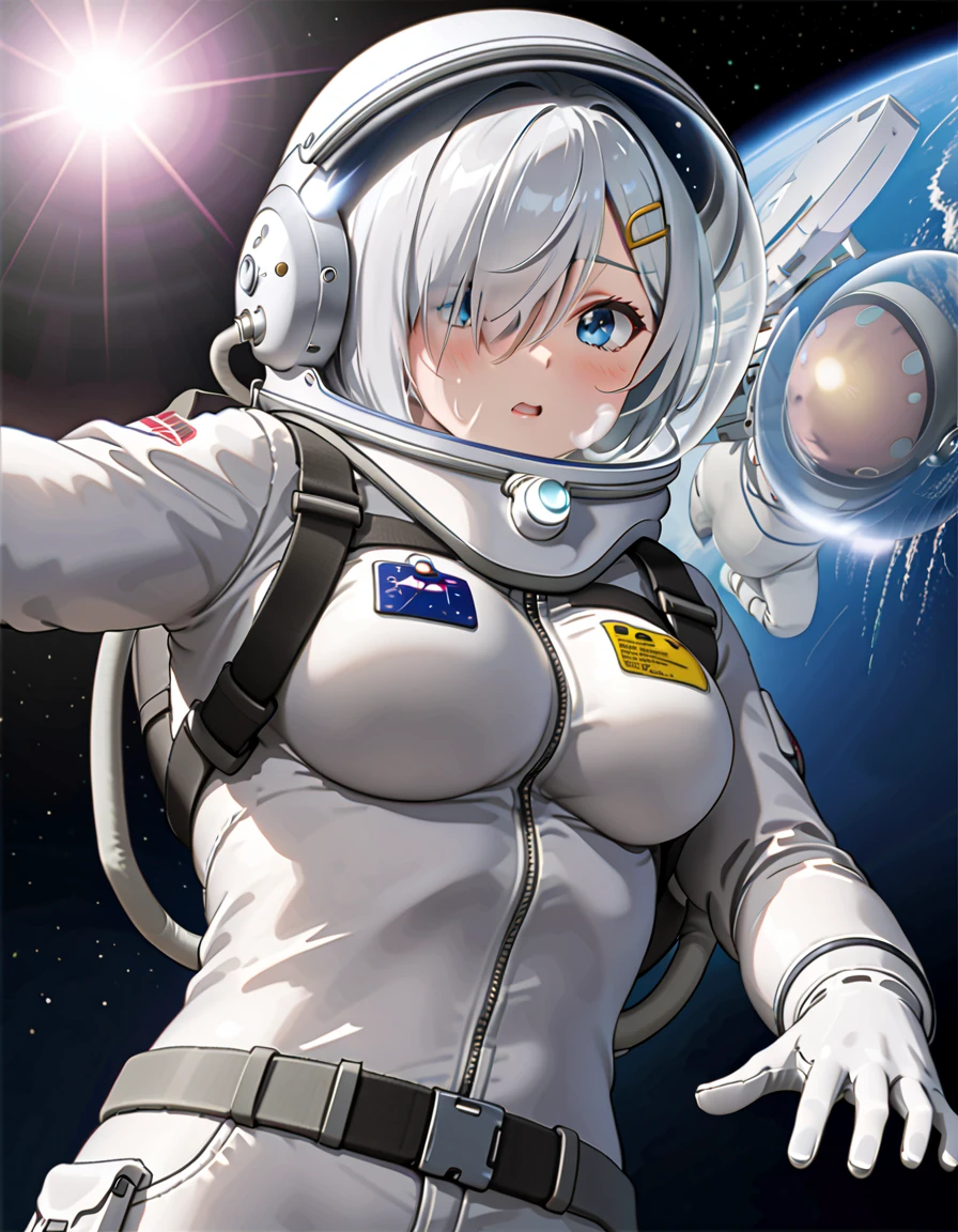 (spacesuit:1.15), white cargo pants, astronaut)bubble helmet, space helmet, sweat, blushing, difficulty breathing, panic, hand on breast , looking at the audience, outer space, floating, alone, masterpiece, best quality, 1girl, beautiful, image from below, solo, , hamakazekc, grey hair, hairpin, short hair, bangs, hair over one eye, blue eyes