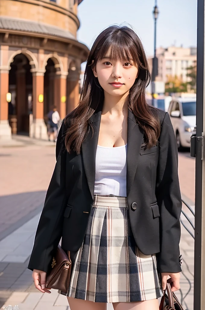 (masterpiece, best quality, perfect anatomy, highres, 8k, realistic, photorealistic, natural skin texture, no makeup:1.2), 1girl, solo, Japanese, age20, female stylish university student, very cute, The girl in a trendy coat and plaid mini skirt standing near a clock tower in a busy station plaza, holding her bag with both hands, (very large breasts accentuated by her outfit:1.3), warm golden hour light reflecting off nearby buildings, jp idol, inugao