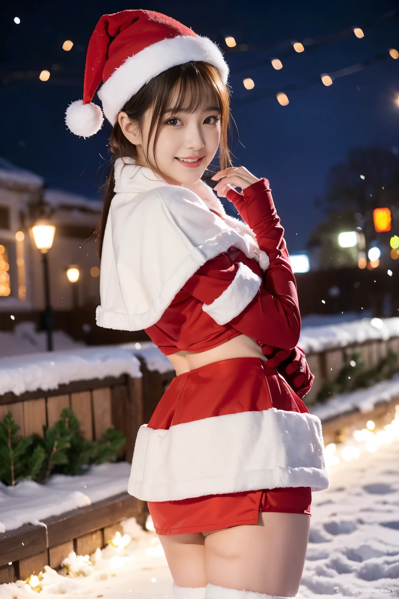 nude、(Nude),topless,Landscape、looked back、Butt、引き締まったButt、underwear,nude,(topless),(Nipples are visible),vulgarity,public indecency,Flat Chest,(Slim body),((Slim body)),日本woman, smile, 30 years old,woman,Brown long straight hair,Wet body,Perfect body,Trained abdominal muscles,Shiny skin,Highest quality,日本のwoman一人,diamond,Earrings,(((Santa Claus Cosplay)))、Red and white knit hat、Red and white off-the-shoulder sweater, Soft 、red and white flared skirt、Medium Milk, かわいいsmile、(shake your head a little)、(On all fours)、Sexy Hips、Red High Heels、Park with a lake、Sexy pose、You can see a little sexy bra、Big Necklace、耳Nipple Ring、Full-body photo,Christmas tree in the background、night、Christmas Lights in the City,((((Snow Scene))))