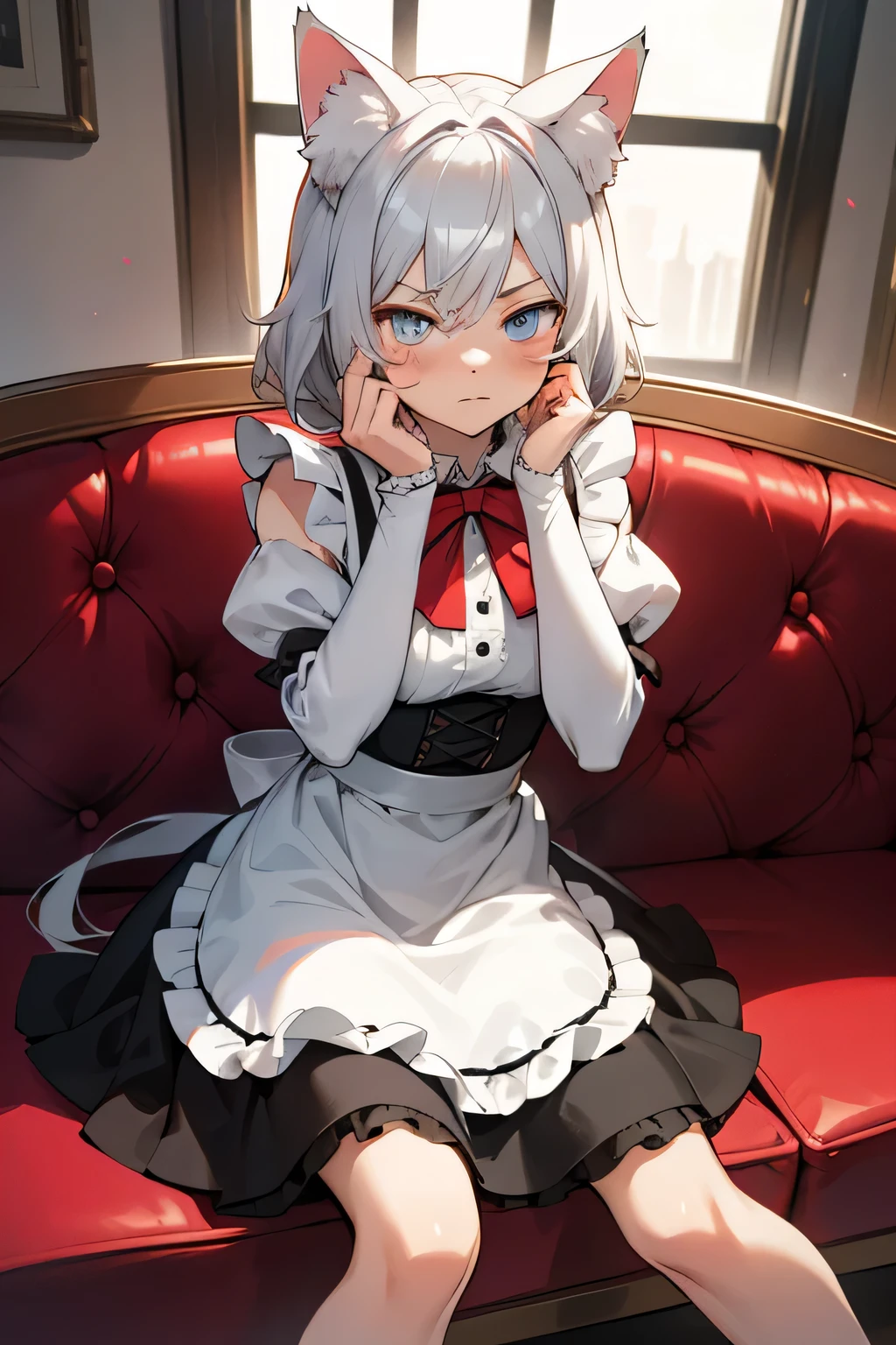 An anime-style illustration of a cute catgirl sitting on a red sofa. The character is a young girl with silver-gray hair. She has fluffy white cat ears, blue expressive eyes, and a soft, shy expression upset and angry, pouting. She is wearing a black and white frilly maid outfit with a bow tie, puffed sleeves, and lace accents. The setting is a cozy, well-lit room with a red couch as the main piece of furniture. The character's pose is with one hand on her face and the other, lightly holding the edge of her dress., and her pale legs are visible. The lighting is soft and natural, highlighting her face and outfit details. The overall tone is detailed, clean, and polished, with a focus on its cute and elegant appearance. High-quality, vibrant colors, soft shading, and intricate details on the character's outfit and hair, anime, detailed, soft shading, vibrant, high quality, cute, catgirl, maid outfit, cozy setting