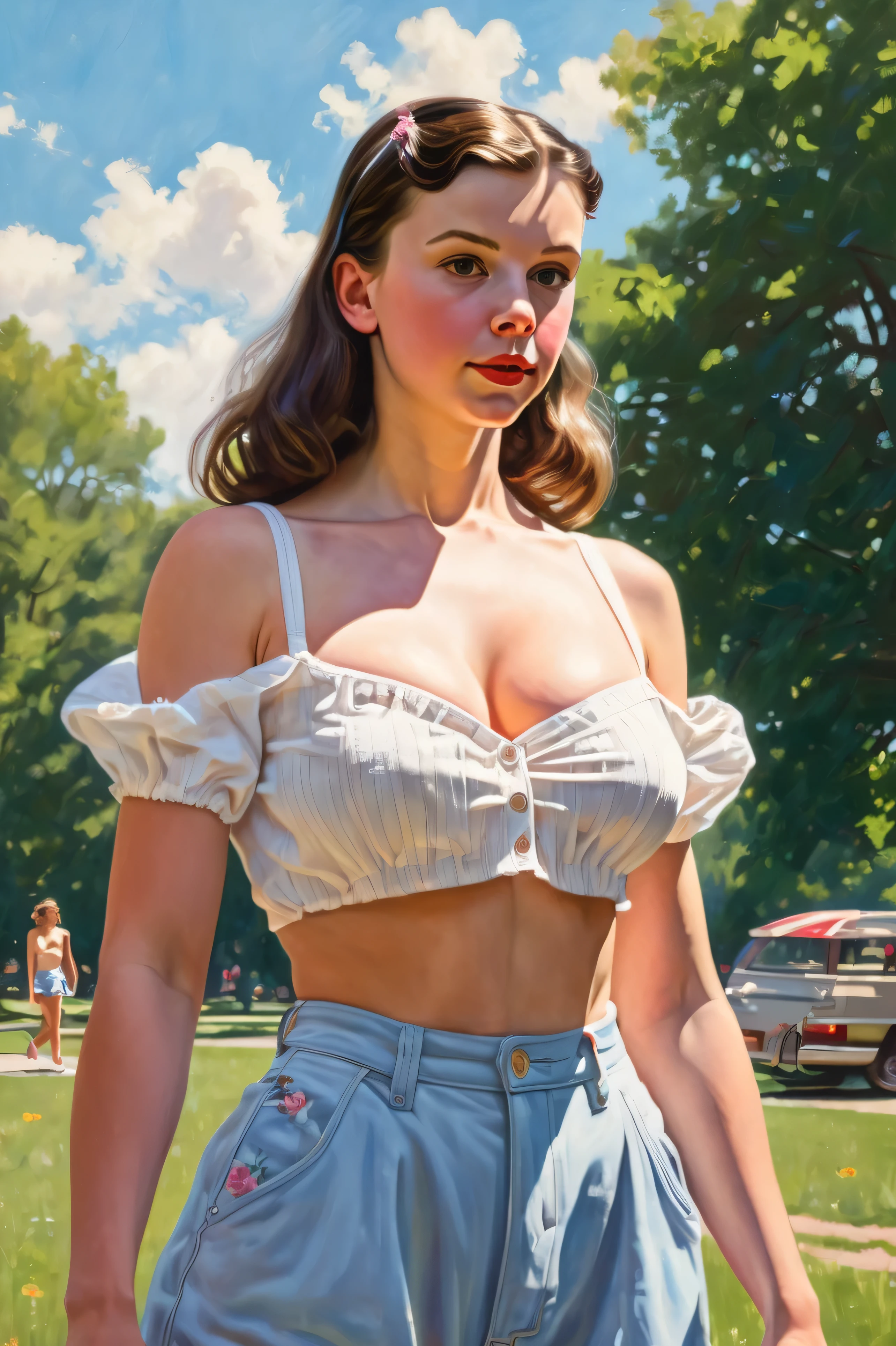 A watercolor painting in the style of Norman Rockwell. A pale skin muscular 18 year old girl brunette dressed as a topless sexy cop with perky nipples. In a public street
