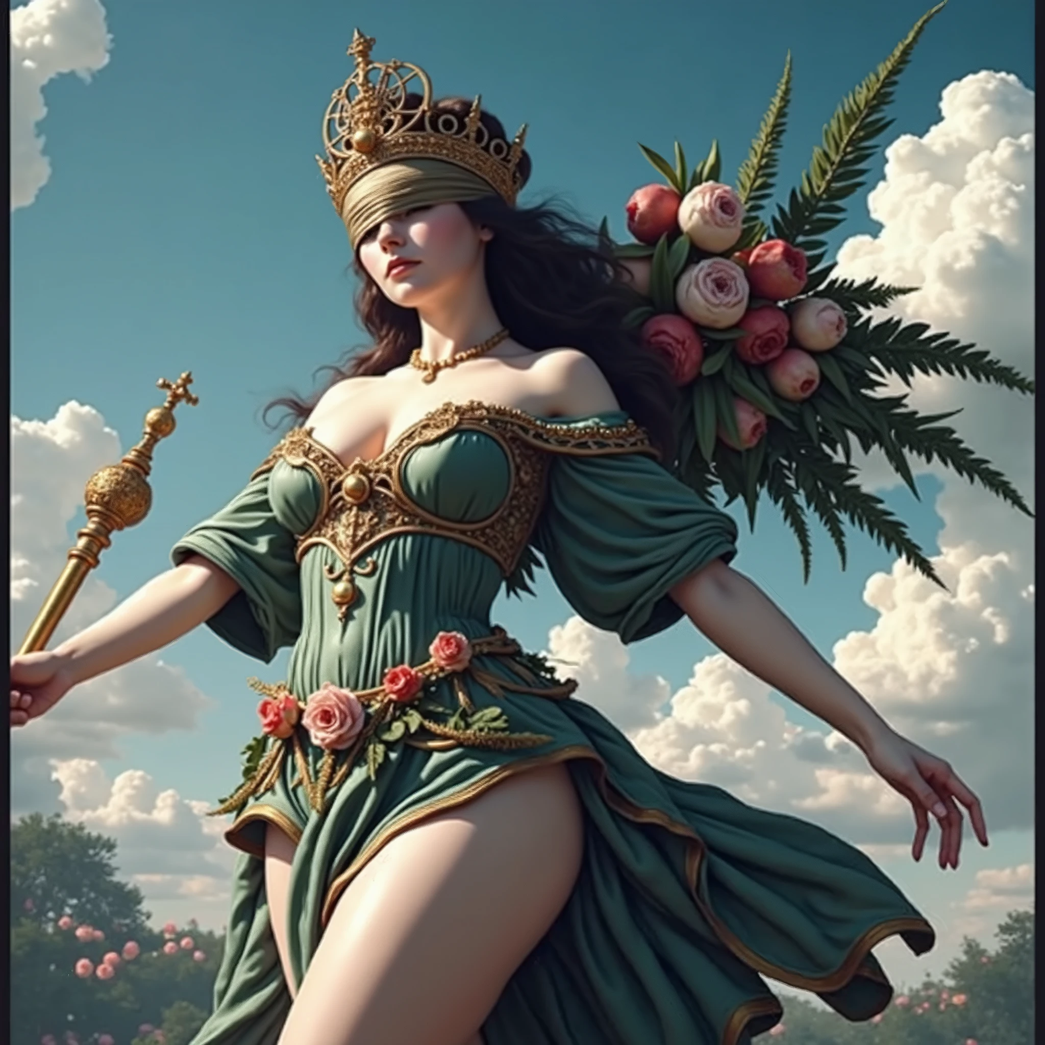 ((majestic goddess Venus:1.2),seated gracefully on a chariot, adorned with {(vibrant feathers:1.1),(resplendent crown made of roses and myrtle leaves:1.1)},hair flowing elegantly)