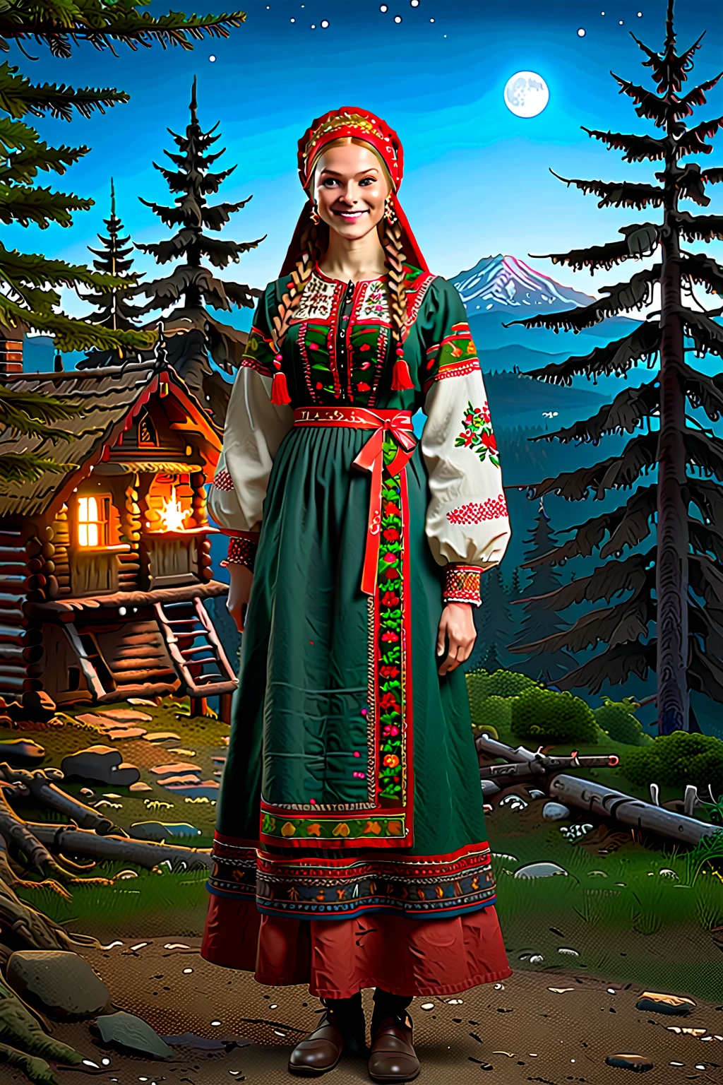 ( extremely detailed : 1.5), ИДЕАЛЬНЫЙ РЕНДЕР OCTANE UNREAL ENGINE5 GLOSSING GLOWING BLIKS глянцевая сцена,
 Girl in Russian national costume .  Redhead with two braids .  Long ultra-smooth shiny hair, ribbons, bows, knee-length ,   facing the viewer , (((smile))), русский sundress,   Standing and looking at the camera  . on knees,   long braid  ,   thick braid on shoulder  ,   braid with ribbon  ,  Kokoshnik , (((в зелёном словянском sundressе))),   Slavic national clothes ,  ((( Kokoshnik ))), sundress, Embroidery, monists ,   in an embroidered shirt .
the forest,  christmas trees , сосновые trees, Ale, thickets, flowers, branches , Baba Yaga, (((Slavic fantasy))), (((Bilibin ))) в стиле Bilibin а.   Wooden architecture .
  Many elements and details . 
Terrain:
Spruce forest,  christmas trees , thickets, Ale, fly agarics , twilight, ( wandering lights1  .5), the forest, the forestная поляна, stones, Bushes, flowers, branches , leaves, (trees1 .5), grass, Mushrooms, Shine, magic,  Particles of light, ((( fireflies1  .5))), Shimmering,   on the horizon moon , clouds,  starry sky on socks , Mountains, the forest, trees, Hut.
(((  Detailed background1 .5))) ( top quality , 8 k,  high resolution,  masterpiece fails:1.2),  ultradetailed , ( realistic, photo realistic, photo,  realistic:1.37), HDR,  studio lighting ,  sharp focus ,  physical-based visualization ,  extremely detailed description ,  professional, bright colors, hips, perfect pose,  perfect anatomy , perfect hands.  PERFECT HAIR WITH SILK SHINE .
