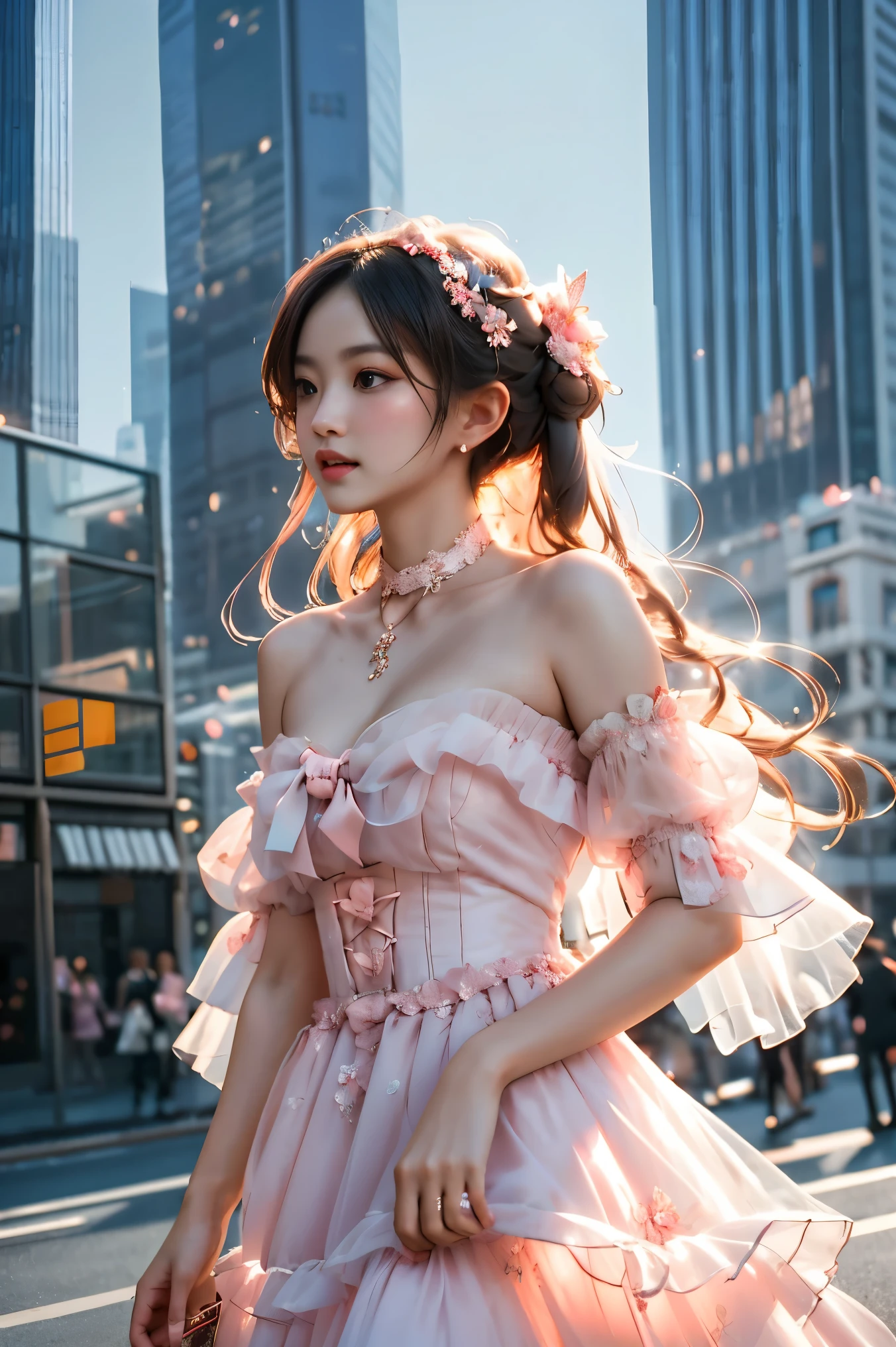 dress bow,layered dress,choker,butterfly wings,hair flower,long dress, pink dress,pink sleeves, (photorealistic:1.4), beautiful young Asian woman, long legs, fashion model, (Full bust, visible cleavage, very short hemline), (looking up angle:1.3), candid street photography, confident pose, radiant natural smile, perfect teeth, (dopamine color palette:1.2), warm vibrant tones,slim athletic figure, flawless skin, professional street photography,(urban background: modern skyscrapers, glass buildings:1.2), (blue sky, white fluffy clouds:1.1), busy city street, natural lighting, golden hour,(high quality, masterpiece, best quality, ultra detailed:1.4), 8k uhd, dslr, soft lighting, high contrast, sharp focus