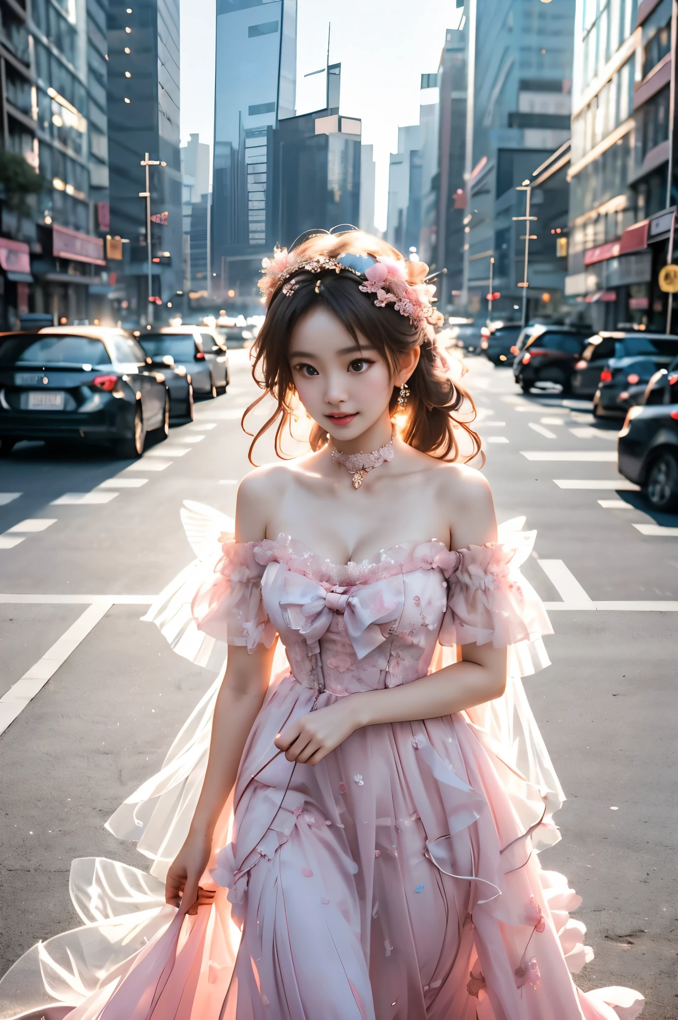 dress bow,layered dress,choker,butterfly wings,hair flower,long dress, pink dress,pink sleeves, (photorealistic:1.4), beautiful young Asian woman, long legs, fashion model, (Full bust, visible cleavage, very short hemline), (looking up angle:1.3), candid street photography, confident pose, radiant natural smile, perfect teeth, (dopamine color palette:1.2), warm vibrant tones,slim athletic figure, flawless skin, professional street photography,(urban background: modern skyscrapers, glass buildings:1.2), (blue sky, white fluffy clouds:1.1), busy city street, natural lighting, golden hour,(high quality, masterpiece, best quality, ultra detailed:1.4), 8k uhd, dslr, soft lighting, high contrast, sharp focus