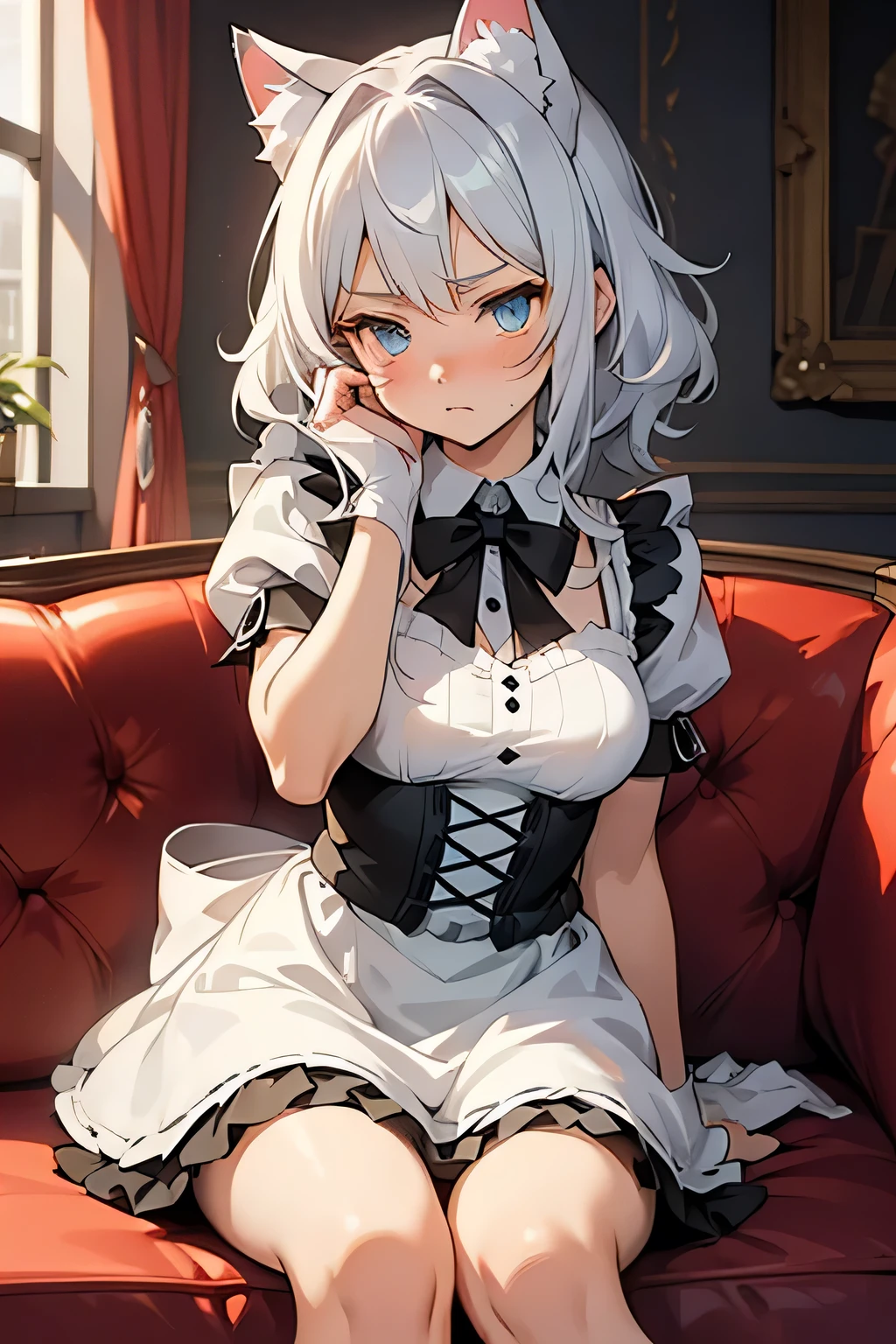 An anime-style illustration of a cute catgirl sitting on a red sofa. The character is a young girl with silver-gray hair. She has fluffy white cat ears, blue expressive eyes, and a soft, shy expression upset and angry, pouting. She is wearing a black and white frilly maid outfit with a bow tie, puffed sleeves, and lace accents. The setting is a cozy, well-lit room with a red couch as the main piece of furniture. The character's pose is with one hand on her face and the other, lightly holding the edge of her dress., and her pale legs are visible. The lighting is soft and natural, highlighting her face and outfit details. The overall tone is detailed, clean, and polished, with a focus on its cute and elegant appearance. High-quality, vibrant colors, soft shading, and intricate details on the character's outfit and hair, anime, detailed, soft shading, vibrant, high quality, cute, catgirl, maid outfit, cozy setting