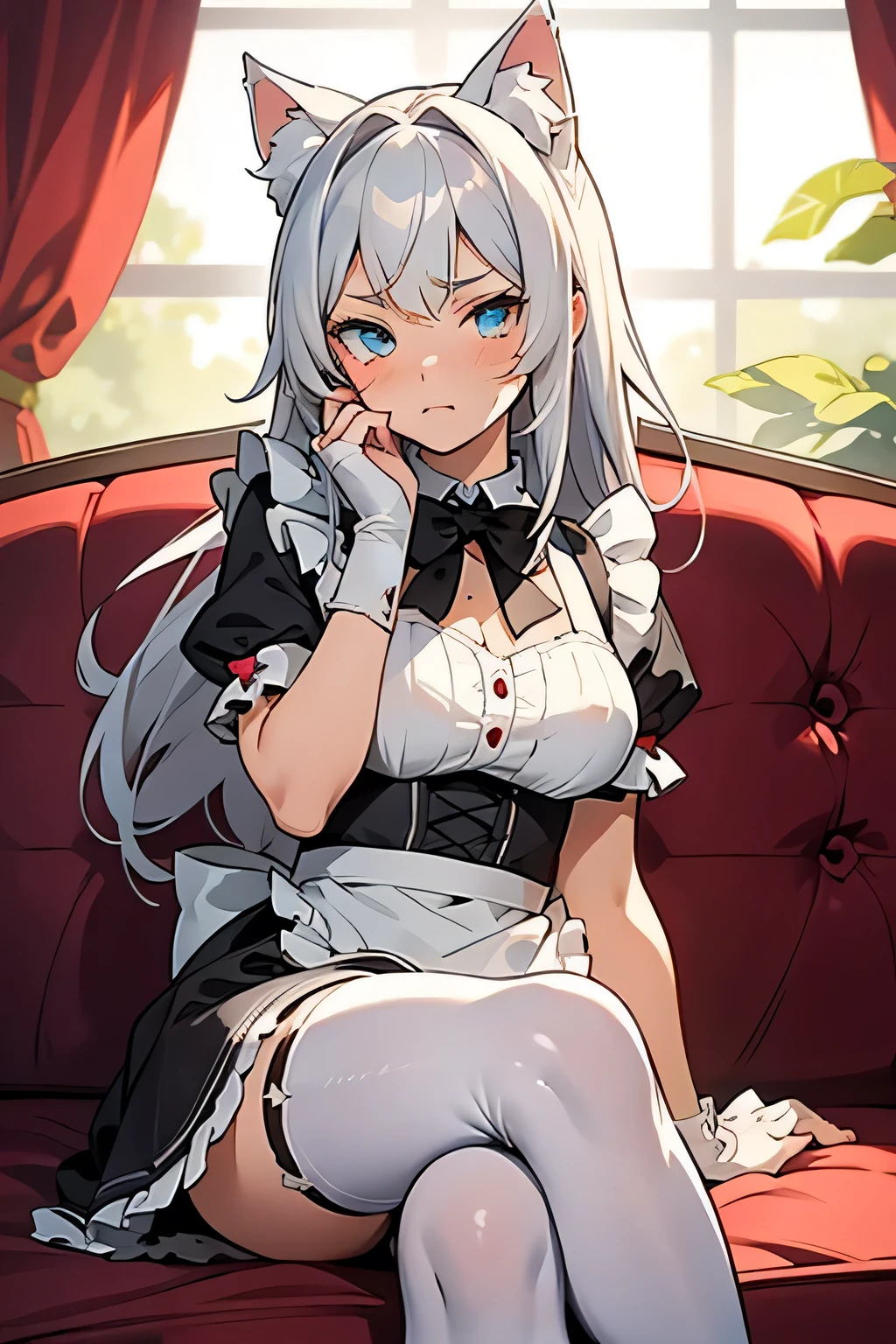 An anime-style illustration of a cute catgirl sitting on a red sofa. The character is a young girl with silver-gray hair. She has fluffy white cat ears, blue expressive eyes, and a soft, shy expression upset and angry, pouting. She is wearing a black and white frilly maid outfit with a bow tie, puffed sleeves, and lace accents. The setting is a cozy, well-lit room with a red couch as the main piece of furniture. The character's pose is with one hand on her face and the other, lightly holding the edge of her dress., and her pale legs are visible. The lighting is soft and natural, highlighting her face and outfit details. The overall tone is detailed, clean, and polished, with a focus on its cute and elegant appearance. High-quality, vibrant colors, soft shading, and intricate details on the character's outfit and hair, anime, detailed, soft shading, vibrant, high quality, cute, catgirl, maid outfit, cozy setting