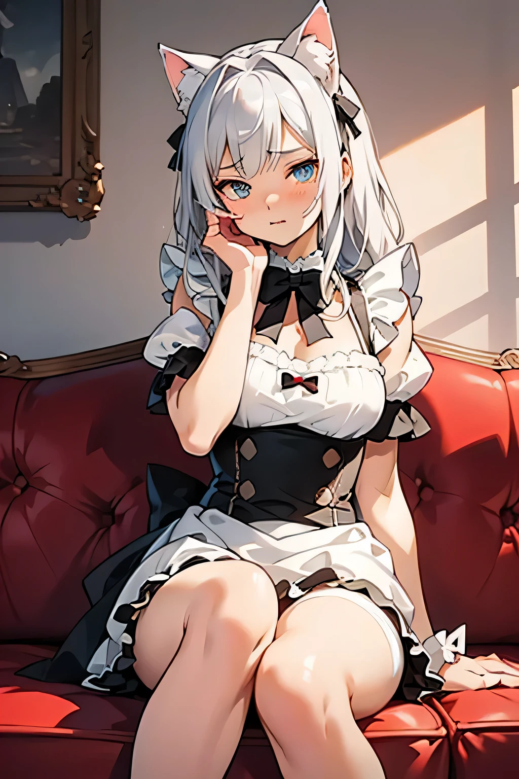 An anime-style illustration of a cute catgirl sitting on a red sofa. The character is a young girl with silver-gray hair. She has fluffy white cat ears, blue expressive eyes, and a soft, shy expression upset and angry, pouting. She is wearing a black and white frilly maid outfit with a bow tie, puffed sleeves, and lace accents. The setting is a cozy, well-lit room with a red couch as the main piece of furniture. The character's pose is with one hand on her face and the other, lightly holding the edge of her dress., and her pale legs are visible. The lighting is soft and natural, highlighting her face and outfit details. The overall tone is detailed, clean, and polished, with a focus on its cute and elegant appearance. High-quality, vibrant colors, soft shading, and intricate details on the character's outfit and hair, anime, detailed, soft shading, vibrant, high quality, cute, catgirl, maid outfit, cozy setting