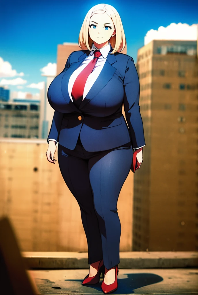 Looking up at the approaching young giantess, Giantess art, 500 miles tall, giga giantess, young sophisticated and stylish shemale in a light blue italian pinstriped trouser suit, form fitting crisp black office shirt, and a large wide blue necktie in a windsor knot, with a beautiful, curvaceous figure, large natural breasts, and long wavey blonde hair, with a curvaceous figure and massive breasts. wearing blue rounded court high heels with uncovered feet and standing, rampage-like pose, with a city skyscrapers background of mega-city, skyscapers, partially obscured by a hazy, cloudy atmosphere. The image is a high-resolution, masterpiece-quality, cinematic, ultra-detailed, and hyper-photorealistic photograph, with perfect hands, face, and lighting. ultra-detailed, 8K, photo-realistic, hyper-realistic, masterpiece, intricate details, full body view. Looking at camera, The image is a high-resolution, masterpiece-quality, cinematic, ultra-detailed, and hyper-photorealistic photograph, with perfect hands, face, and lighting. ultra-detailed, 8K, photo-realistic, hyper-realistic, masterpiece, intricate details,