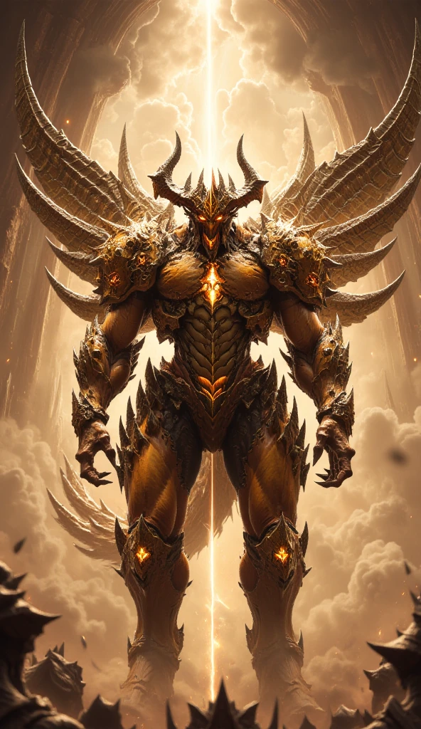 The full-body mechanized image of an adult male Holy Knight leader held by an angel 。His muscular robotic body ， wearing sacred white gold holy knight armor ， with golden glowing eyes and white gold mechanical wings 。 He boldly stands inside a mysterious white gold mechanical church ， surrounded by countless cavalry soldier followers 。 composition underlines his majestic presence ， The eye-catching lighting and dramatic holy light highlights him Armor and the divine atmosphere of the church。 symbolizes the golden yellow light in his eyes Sacred and luminous 。 This setting is a cyberpunk-inspired futurist mechanism ，Without a cloak 。 The bold composition captures the grandiose and divine energy of the scene 。
