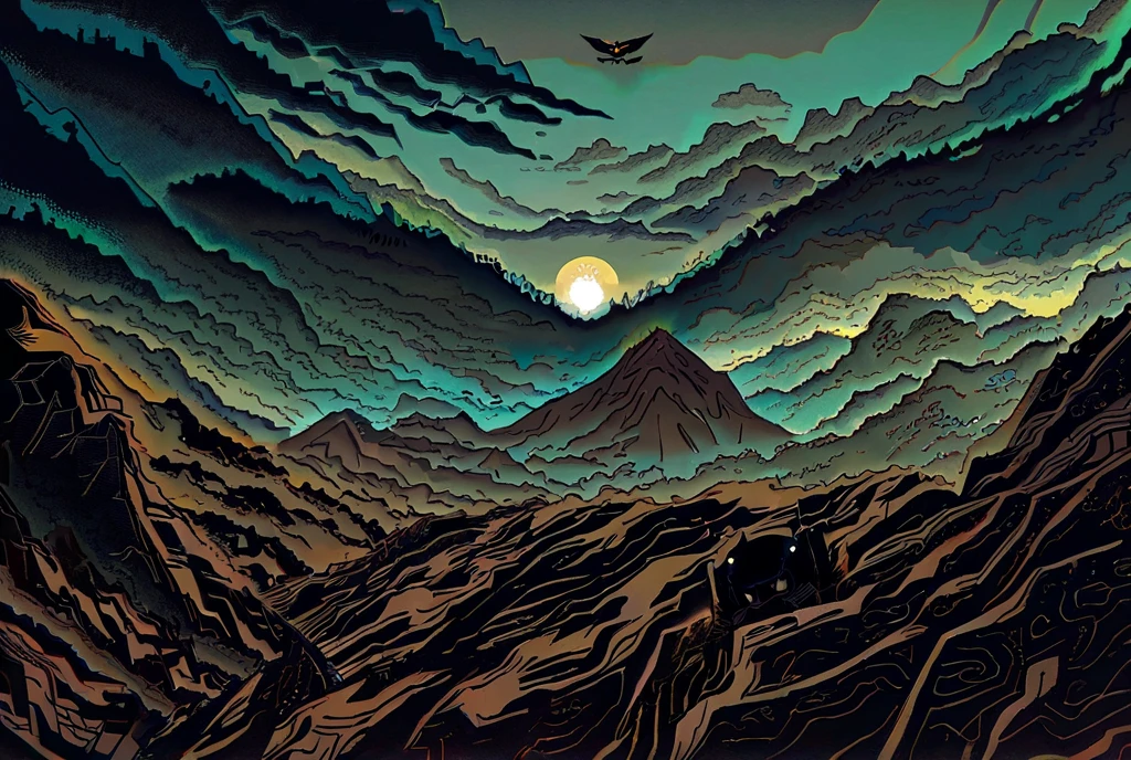 Anime style illustration of a man standing on top of a mountain with a faint sun in the background.  The mountain is covered with damaged vegetation and earth . There are a multitude of demons and creatures scattered at the base of the mountain,  demons and creatures look up at the mountain .  The sky is full of clouds and the sun shines slightly ,  with decadent and dark tones , keeping day .  In the illustration the base of the mountain begins to darken to where the demons and creatures are,  creating depth . 