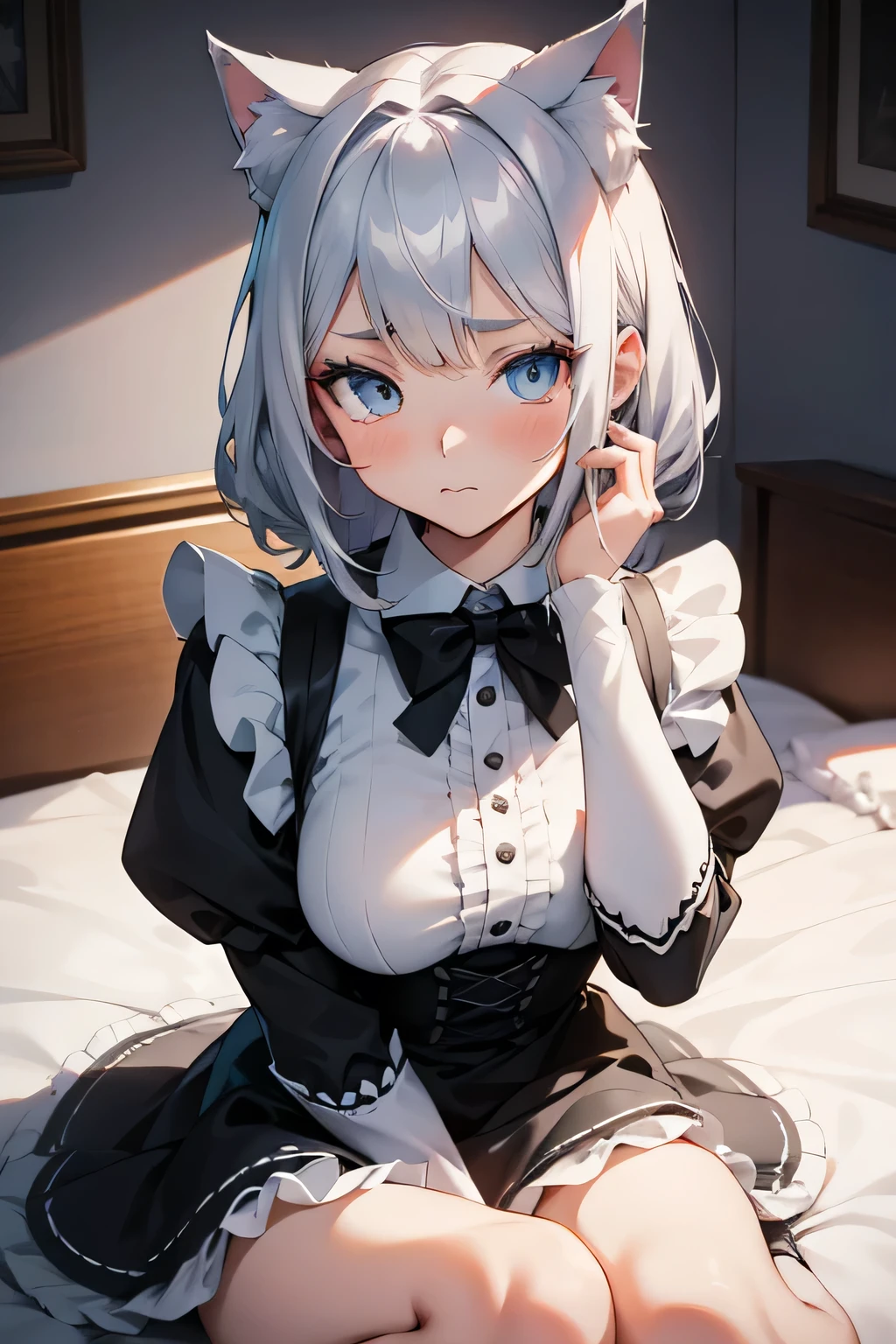 An anime-style illustration of a cute catgirl sitting on the bed. The character is a teenager with silver-gray hair. She has fluffy white cat ears, blue expressive eyes, and a soft, shy expression upset and angry, pouting. She is wearing a black and white frilly maid outfit with a bow tie, puffed sleeves, and lace accents. The character's pose is with one hand on her face and the other, lightly holding the edge of her dress., and her pale legs are visible. The lighting is soft and natural, highlighting her face and outfit details. The overall tone is detailed, clean, and polished, with a focus on its cute and elegant appearance. High-quality, vibrant colors, soft shading, and intricate details on the character's outfit and hair, anime, detailed, soft shading, vibrant, high quality, cute, catgirl, maid outfit, cozy setting