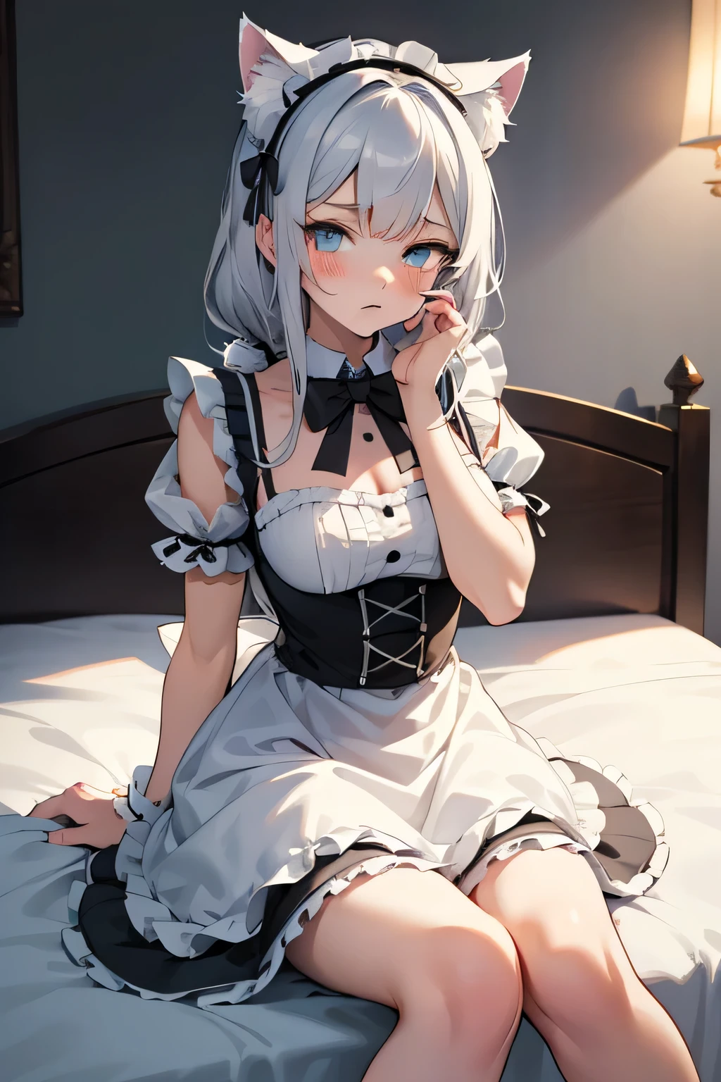 An anime-style illustration of a cute catgirl sitting on the bed. The character is a teenager with silver-gray hair. She has fluffy white cat ears, blue expressive eyes, and a soft, shy expression upset and angry, pouting. She is wearing a black and white frilly maid outfit with a bow tie, puffed sleeves, and lace accents. The character's pose is with one hand on her face and the other, lightly holding the edge of her dress., and her pale legs are visible. The lighting is soft and natural, highlighting her face and outfit details. The overall tone is detailed, clean, and polished, with a focus on its cute and elegant appearance. High-quality, vibrant colors, soft shading, and intricate details on the character's outfit and hair, anime, detailed, soft shading, vibrant, high quality, cute, catgirl, maid outfit, cozy setting