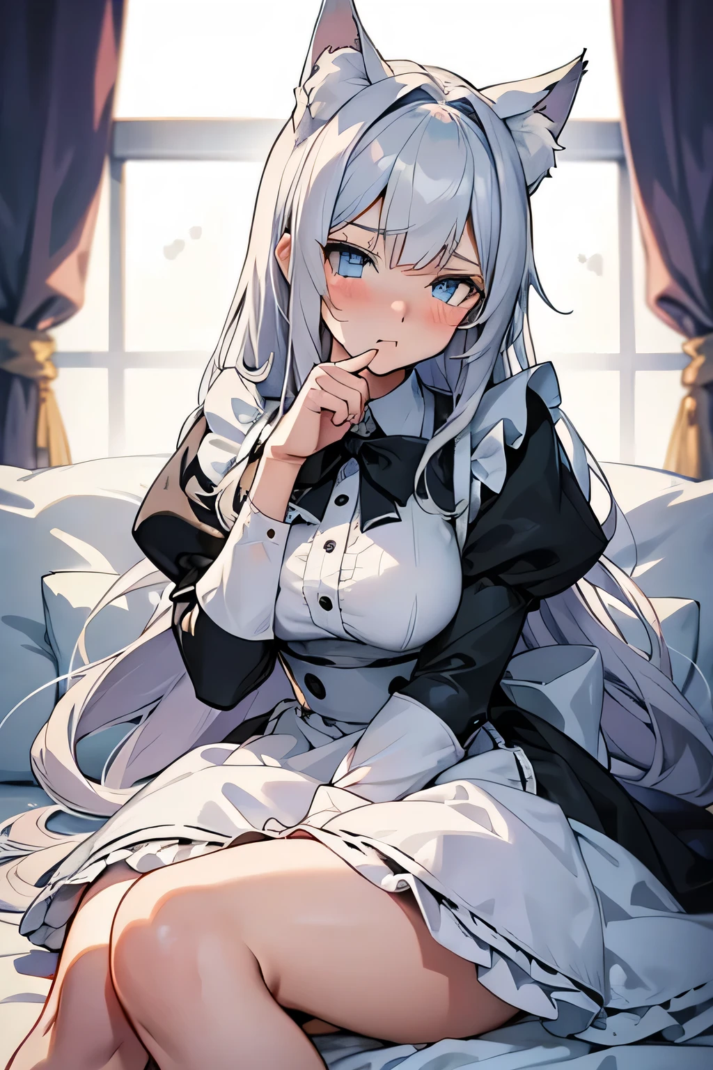 An anime-style illustration of a cute catgirl sitting on the bed. The character is a teenager with silver-gray hair. She has fluffy white cat ears, blue expressive eyes, and a soft, shy expression upset and angry, pouting, teary eyes, crying, tears. She is wearing a black and white frilly maid outfit with a bow tie, puffed sleeves, and lace accents. The character's pose is with one hand on her face and the other, lightly holding the edge of her dress., and her pale legs are visible. The lighting is soft and natural, highlighting her face and outfit details. The overall tone is detailed, clean, and polished, with a focus on its cute and elegant appearance. High-quality, vibrant colors, soft shading, and intricate details on the character's outfit and hair, anime, detailed, soft shading, vibrant, high quality, cute, catgirl, maid outfit, cozy setting