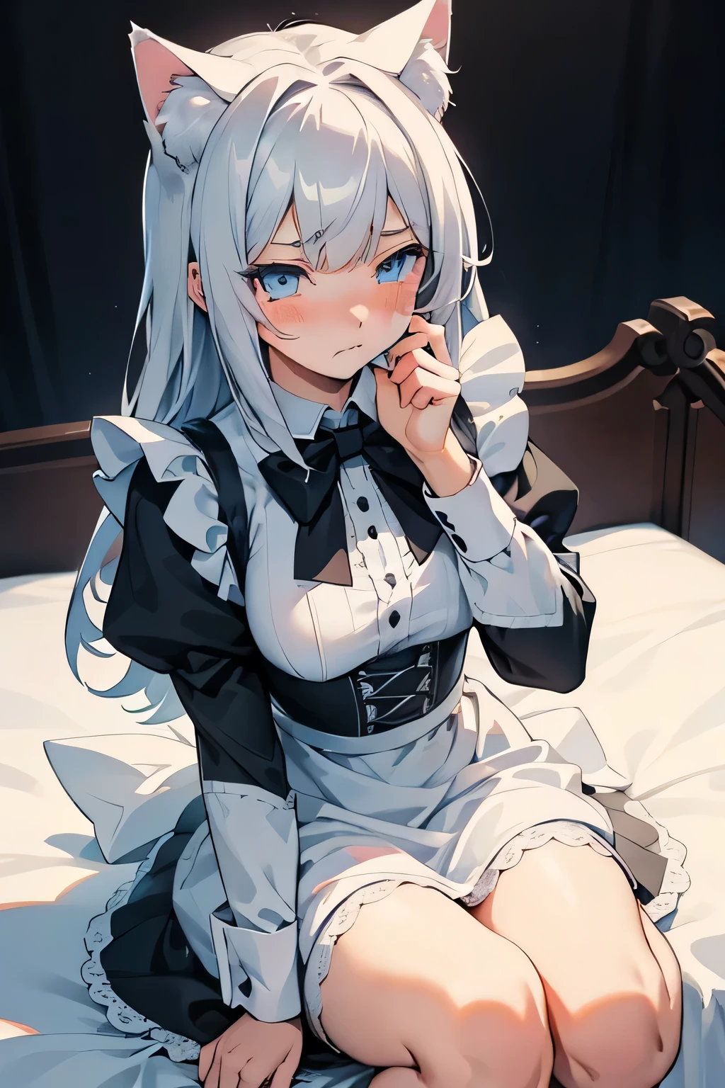 An anime-style illustration of a cute catgirl sitting on the bed. The character is a teenager with silver-gray hair. She has fluffy white cat ears, blue expressive eyes, and a soft, shy expression upset and angry, pouting, teary eyes, crying, tears. She is wearing a black and white frilly maid outfit with a bow tie, puffed sleeves, and lace accents. The character's pose is with one hand on her face and the other, lightly holding the edge of her dress., and her pale legs are visible. The lighting is soft and natural, highlighting her face and outfit details. The overall tone is detailed, clean, and polished, with a focus on its cute and elegant appearance. High-quality, vibrant colors, soft shading, and intricate details on the character's outfit and hair, anime, detailed, soft shading, vibrant, high quality, cute, catgirl, maid outfit, cozy setting