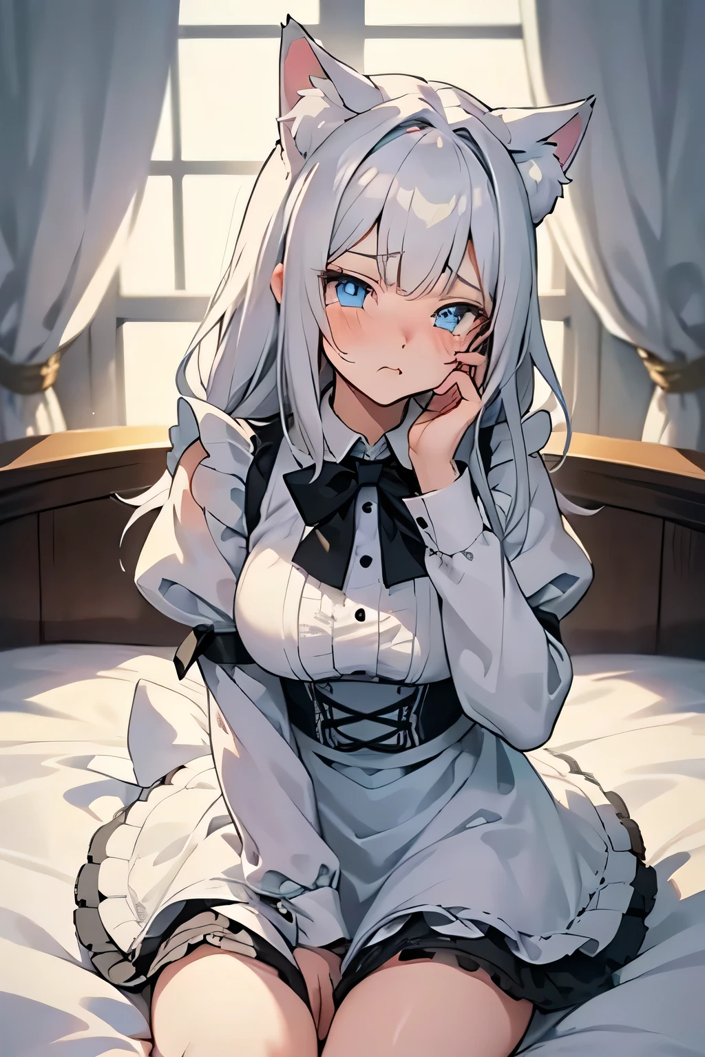 An anime-style illustration of a cute catgirl sitting on the bed. The character is a teenager with silver-gray hair. She has fluffy white cat ears, blue expressive eyes, and a soft, shy expression upset and angry, pouting, teary eyes, crying, tears. She is wearing a black and white frilly maid outfit with a bow tie, puffed sleeves, and lace accents. The character's pose is with one hand on her face and the other, lightly holding the edge of her dress., and her pale legs are visible. The lighting is soft and natural, highlighting her face and outfit details. The overall tone is detailed, clean, and polished, with a focus on its cute and elegant appearance. High-quality, vibrant colors, soft shading, and intricate details on the character's outfit and hair, anime, detailed, soft shading, vibrant, high quality, cute, catgirl, maid outfit, cozy setting