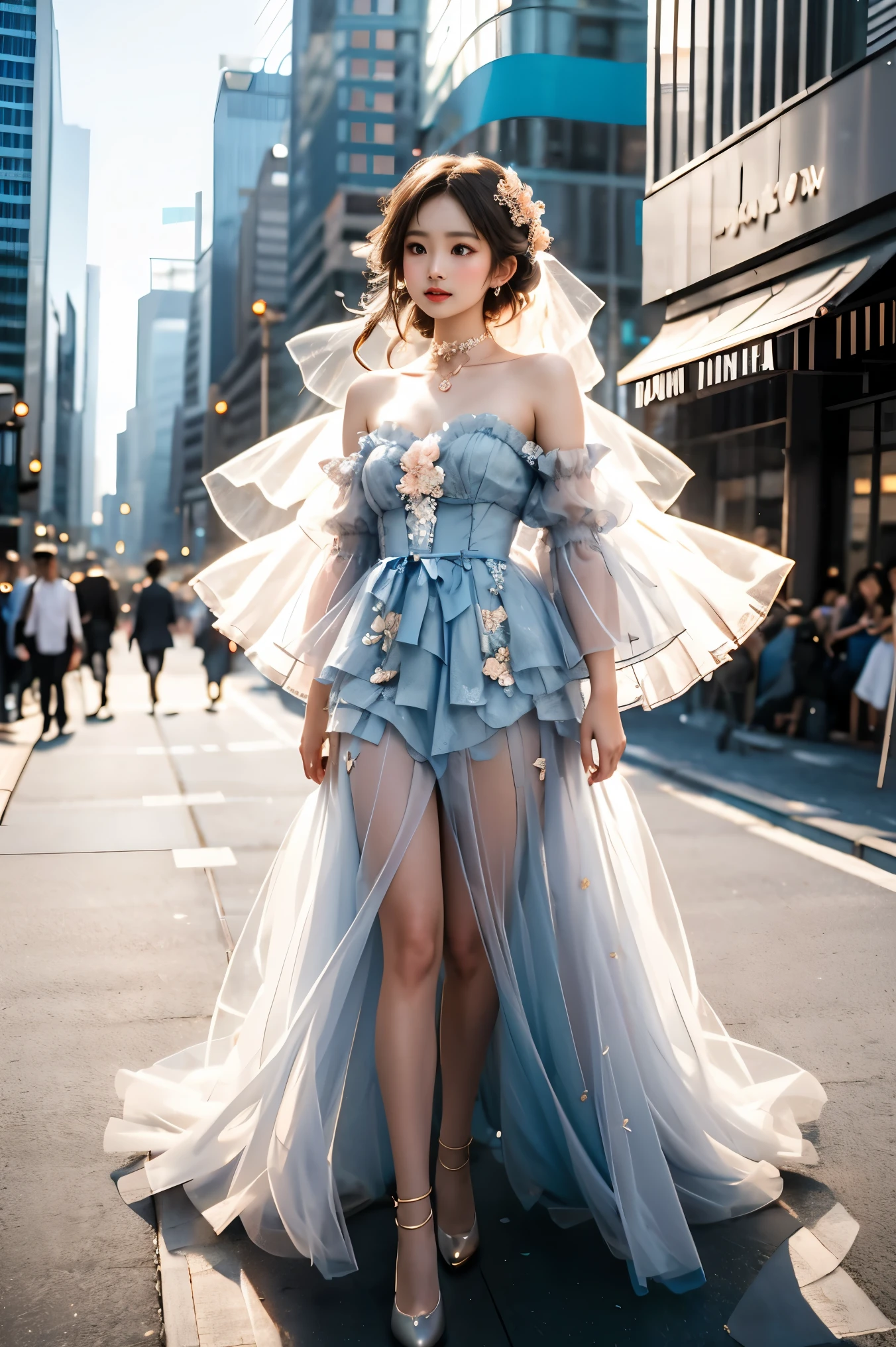 dress bow,layered dress,choker,butterfly wings,hair flower,long dress, blue dress,blue sleeves, (full body:1.4), (from below:1.3), (photorealistic:1.4), beautiful young Asian woman, long legs, fashion model, (Full bust, visible cleavage, very short hemline), (looking up angle:1.3), candid street photography, confident pose, radiant natural smile, perfect teeth, (dopamine color palette:1.2), warm vibrant tones,slim athletic figure, flawless skin, professional street photography,(urban background: modern skyscrapers, glass buildings:1.2), (blue sky, white fluffy clouds:1.1), busy city street, natural lighting, golden hour,(high quality, masterpiece, best quality, ultra detailed:1.4), 8k uhd, dslr, soft lighting, high contrast, sharp focus