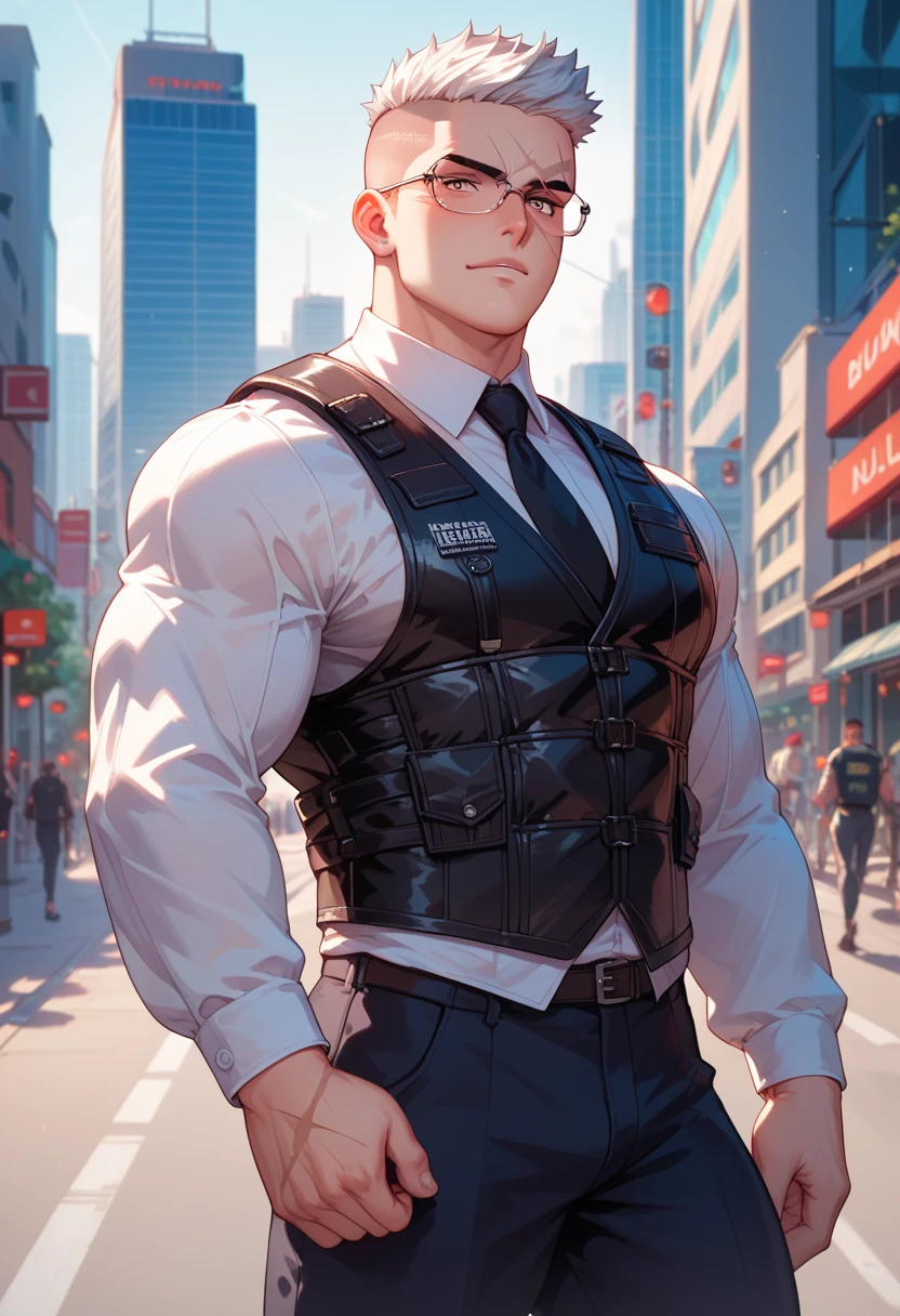  villain, evil, A 37-yr man, white buzz cut short hair, scars on the face, Blind in one eye, big muscles, wears eyeglasses, wears bulletproof vest inside, Stressed face, standing in the city