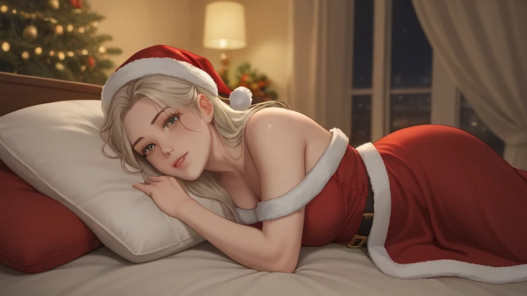 "A stylized anime illustration of a woman in a festive Santa-themed outfit lying on her belly on a cozy bed. The bed is adorned with holiday-themed sheets, soft pillows, and warm lighting. The room has a dark, moody ambiance with hints of Christmas decorations like garlands, ornaments, and soft candlelight in the background. The perspective focuses on a relaxed, natural pose, capturing the cozy holiday atmosphere in a detailed, hand-drawn anime style."
