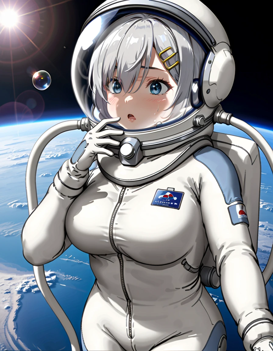 (spacesuit:1.15), white cargo pants, astronaut)bubble helmet, space helmet, sweat, blushing, difficulty breathing, trembling, findering, hand on breast, looking at the audience, outer space, floating, alone, masterpiece, best quality, 1girl, beautiful, image from below, solo, , hamakazekc, grey hair, hairpin, short hair, bangs, hair over one eye, blue eyes