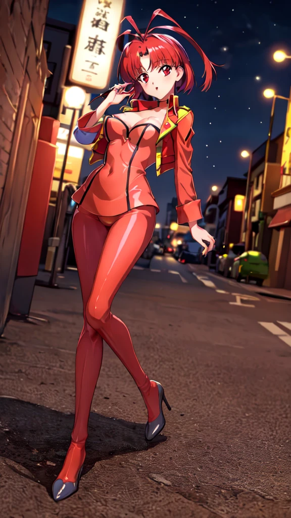(masterpiece, best quality, ultra detailed, absurdres)1.5, 1girl, (sexy, beautiful woman, perfect face, perfect eyes, perfect female body, huge breasts)1.5, (fayevalentine, faye valentine, yellow crop top, midriff, yellow shorts, red jacket, nude thighhighs, cleavage, ankle boots, white boots, short hair, purple hair, yellow hairband, <lora:cowboybebop_faye:0.8>), (standing, modern city in background, night sky), perfect lighting, smooth, hdr