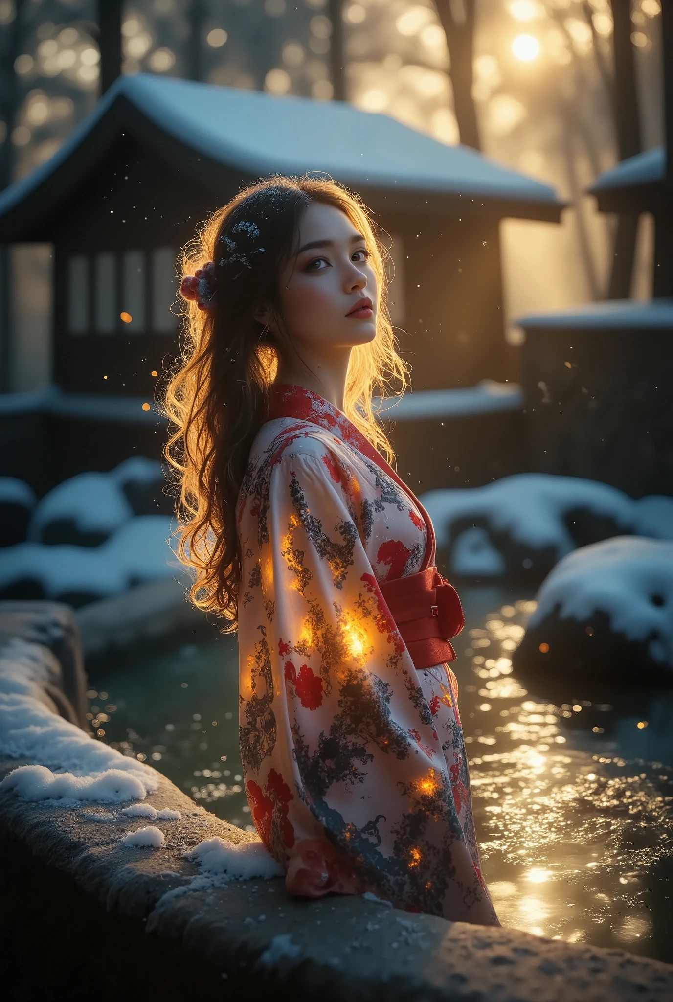 An award-winning 70s-style analog photograph of a beautiful Japanese woman standing gracefully near the edge of a steaming onsen during a tranquil Japanese winter. She wears an elegant yukata with intricate patterns of cherry blossoms, cranes, and waves in soft pink, deep red, and gold. Snowflakes gently fall around her, clinging to her flowing hair and the fabric of her yukata, while her serene expression reflects quiet contemplation.

The background features a traditional snow-covered onsen, surrounded by smooth stones and tall, snow-dusted pine trees. Rising mist from the steaming water contrasts with the cold, crisp air, as soft god rays filter through the branches, casting a warm golden light on the scene. The composition highlights her elegant form, the intricate details of her yukata, and the serene, ethereal beauty of a snowy Japanese winter onsen. The image has a distinct grainy 70s analog texture, lending a nostalgic and timeless quality.