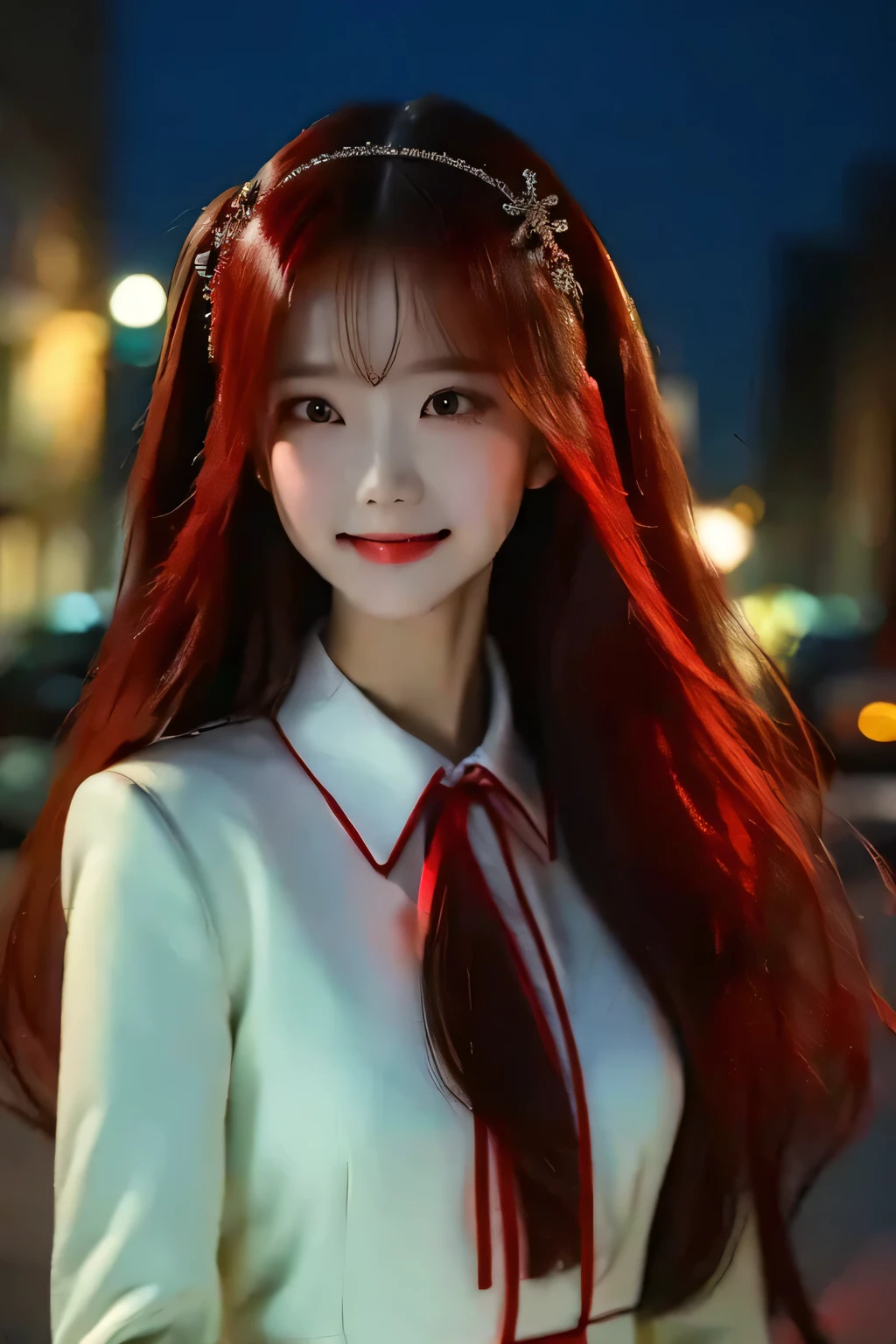 ((masterpiece, top quality )),8k wallpaper, One girl ,  long hair, Red Hair, Alone,  dress,  red eyes,  Watch viewers,  Long Sleeve ,  standing,  building, white  dress,  gloves,  Hair Accessory,  black jacket , smile, Floating Hair,  Dutch Angle,   Closed Mouth ,  from the public eye ,  outdoors on the street at night