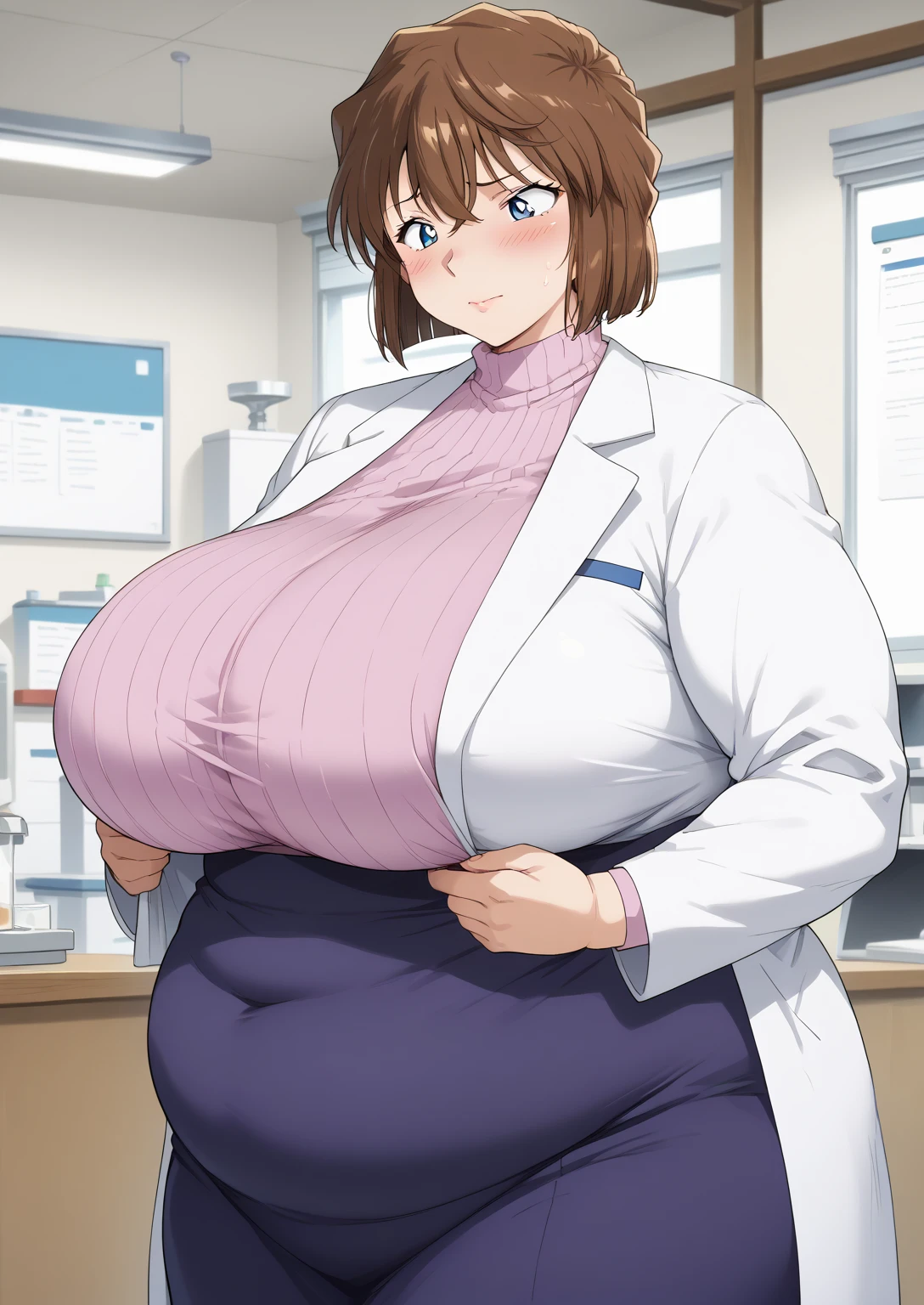 Shiho Miyano, Miyano Shiho, short hair,Brown Hair, blue eyes,hair between eyes,lab coat, Mulberry dress, long sleeve dress, mini skirt dress, score_9,   score_8_ up,   score_7_ up,   score_6_ up,   score_5_ up,   score_4_ up,     masterpiece   ,   top quality,     very aesthetic  ,    absurd,    source_Anime, Anime screencap,    one woman , Alone,   personal   ,  Super huge breasts, (((S uper huge クレビス, Super huge , Super huge boob))), Curvy,   in her 20s,  Mature Woman,   obese , ,  troubled expression,  ssbbw,  embarrassed expression