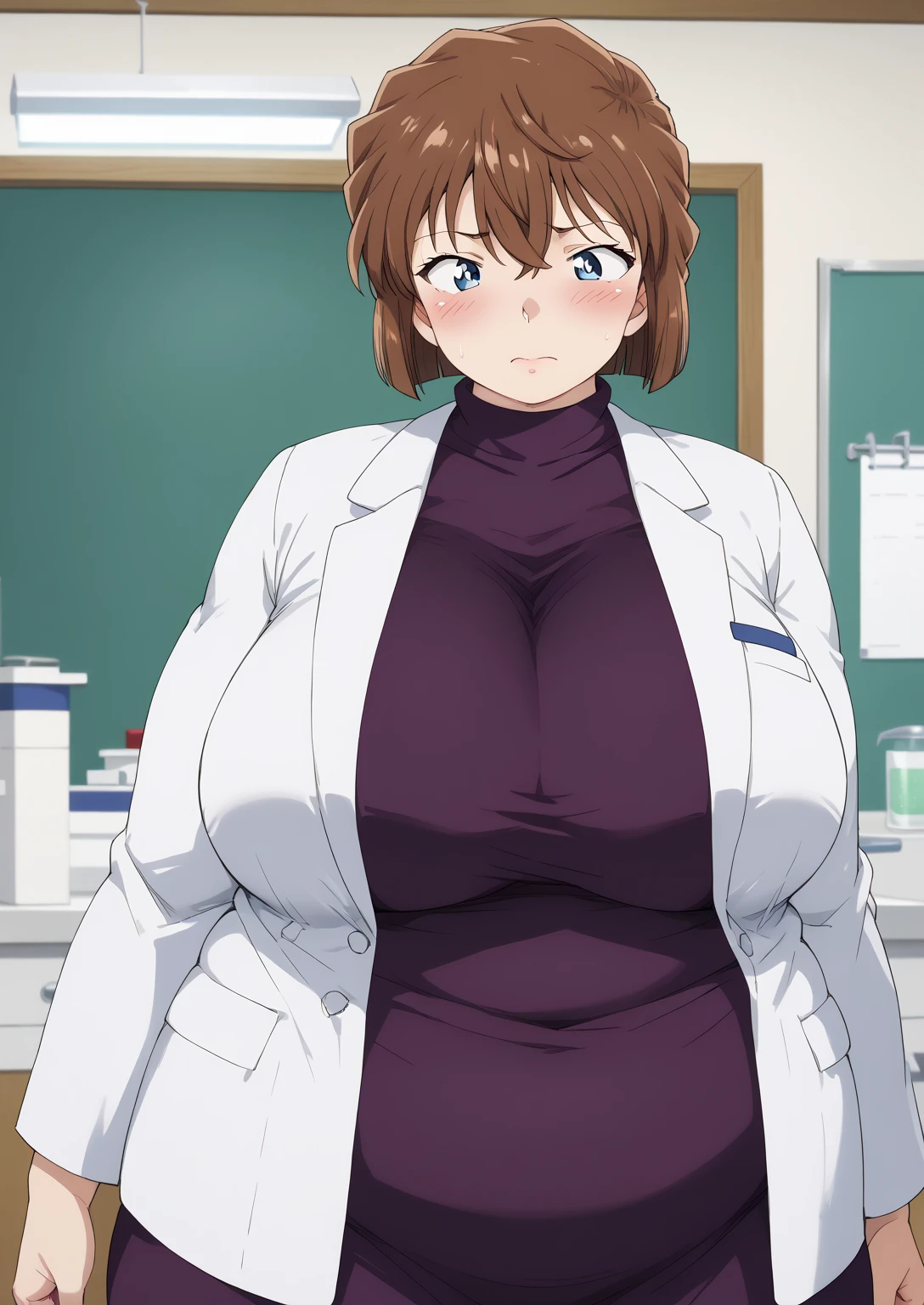 Shiho Miyano, Miyano Shiho, short hair,Brown Hair, blue eyes,hair between eyes,lab coat, Mulberry dress, long sleeve dress, mini skirt dress, score_9,   score_8_ up,   score_7_ up,   score_6_ up,   score_5_ up,   score_4_ up,     masterpiece   ,   top quality,     very aesthetic  ,    absurd,    source_Anime, Anime screencap,    one woman , Alone,   personal   ,  Super huge breasts, (((S uper huge クレビス, Super huge , Super huge boob))), Curvy,   in her 20s,  Mature Woman,   obese , ,  troubled expression,  ssbbw,  embarrassed expression