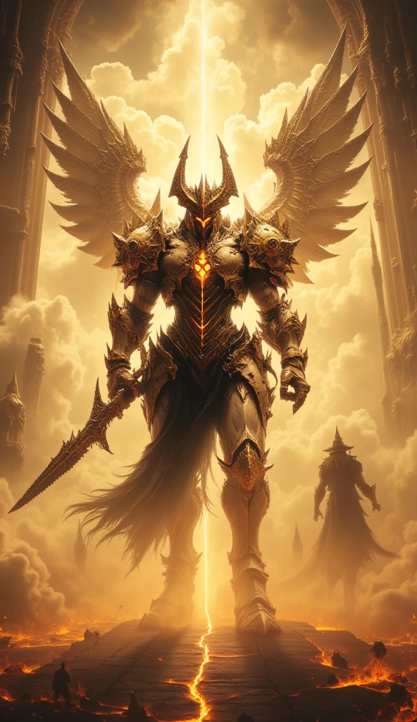 The full-body mechanized image of an adult male Holy Knight leader held by an angel 。His muscular robotic body ， wearing sacred white gold holy knight armor ， with golden glowing eyes and white gold mechanical wings 。 He boldly stands inside a mysterious white gold mechanical church ， surrounded by countless cavalry soldier followers 。 composition underlines his majestic presence ， The eye-catching lighting and dramatic holy light highlights him Armor and the divine atmosphere of the church。 symbolizes the golden yellow light in his eyes Sacred and luminous 。 This setting is a cyberpunk-inspired futurist mechanism ，Without a cloak 。 The bold composition captures the grandiose and divine energy of the scene 。
