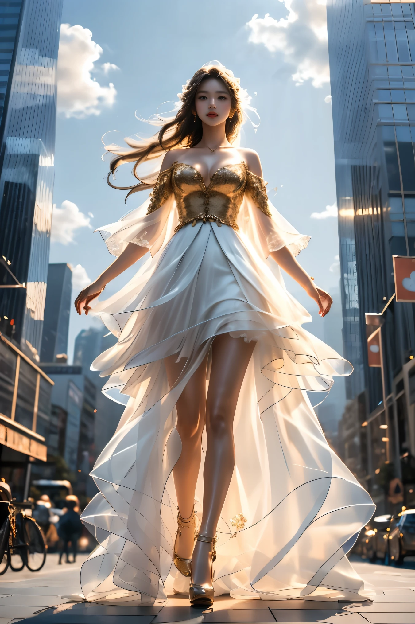 (full body:1.4), (from below:1.3), (photorealistic:1.4), beautiful young Asian woman, long legs, fashion model, (Full bust, visible cleavage, very short hemline), (looking up angle:1.3), candid street photography, confident pose, radiant natural smile, perfect teeth, (dopamine color palette:1.2), warm vibrant tones,slim athletic figure, flawless skin, professional street photography,(urban background: modern skyscrapers, glass buildings:1.2), (blue sky, white fluffy clouds:1.1), busy city street, natural lighting, golden hour,(high quality, masterpiece, best quality, ultra detailed:1.4), 8k uhd, dslr, soft lighting, high contrast, sharp focus