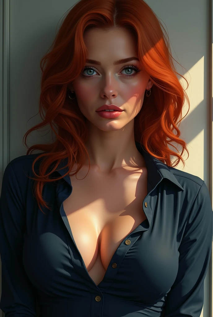 A naked girl with short red hair wearing a very tight shirt