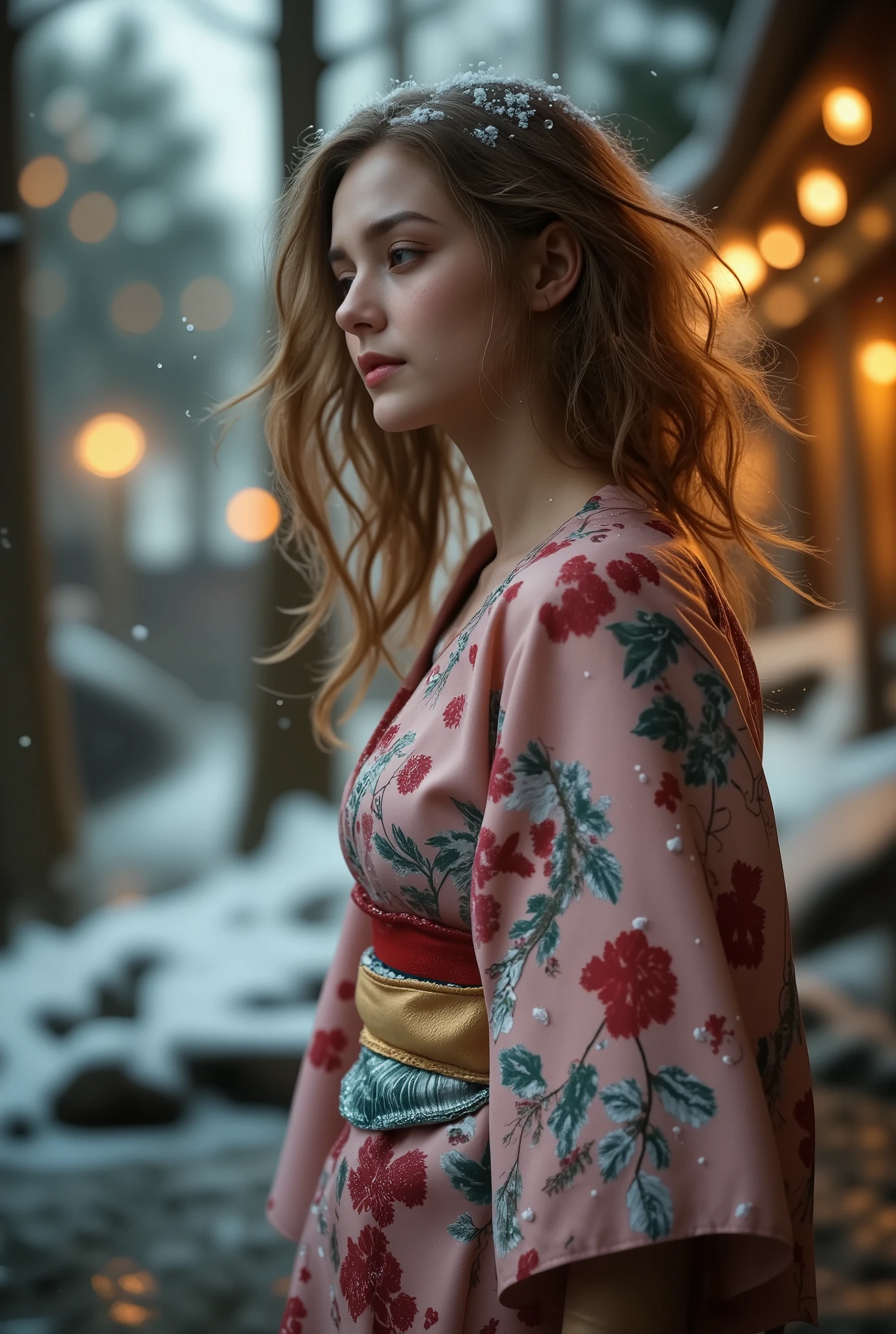 An award-winning 70s-style analog photograph of a beautiful Japanese woman standing gracefully near the edge of a steaming onsen during a tranquil Japanese winter. She wears an elegant yukata with intricate patterns of cherry blossoms, cranes, and waves in soft pink, deep red, and gold. Snowflakes gently fall around her, clinging to her flowing hair and the fabric of her yukata, while her serene expression reflects quiet contemplation.

The background features a traditional snow-covered onsen, surrounded by smooth stones and tall, snow-dusted pine trees. Rising mist from the steaming water contrasts with the cold, crisp air, as soft god rays filter through the branches, casting a warm golden light on the scene. The composition highlights her elegant form, the intricate details of her yukata, and the serene, ethereal beauty of a snowy Japanese winter onsen. The image has a distinct grainy 70s analog texture, lending a nostalgic and timeless quality.