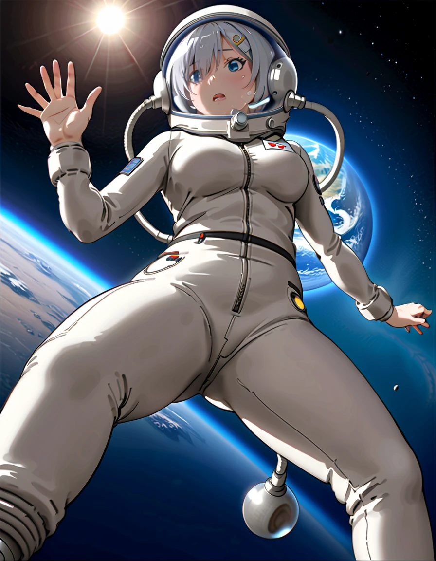 (spacesuit:1.15), white cargo pants, astronaut)bubble helmet, space helmet, sweat, blushing, difficulty breathing, trembling, findering, hand on breast, looking at the audience, outer space, floating, alone, masterpiece, best quality, 1girl, beautiful, image from below, solo, , hamakazekc, grey hair, hairpin, short hair, bangs, hair over one eye, blue eyes