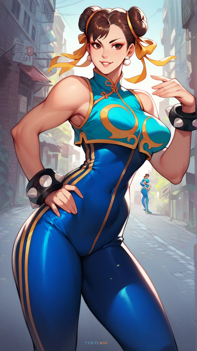 score_9, score_8_up, score_7_up, score_6_up, source_cartoon, BREAK masterpiece. CHUNLIAL, brown eyes, double bun, yellow ribbon, blue bodysuit, crop top, sleeveless, breasts, hand on own hip, street, cityscape, alleyway, smile, parted lips,