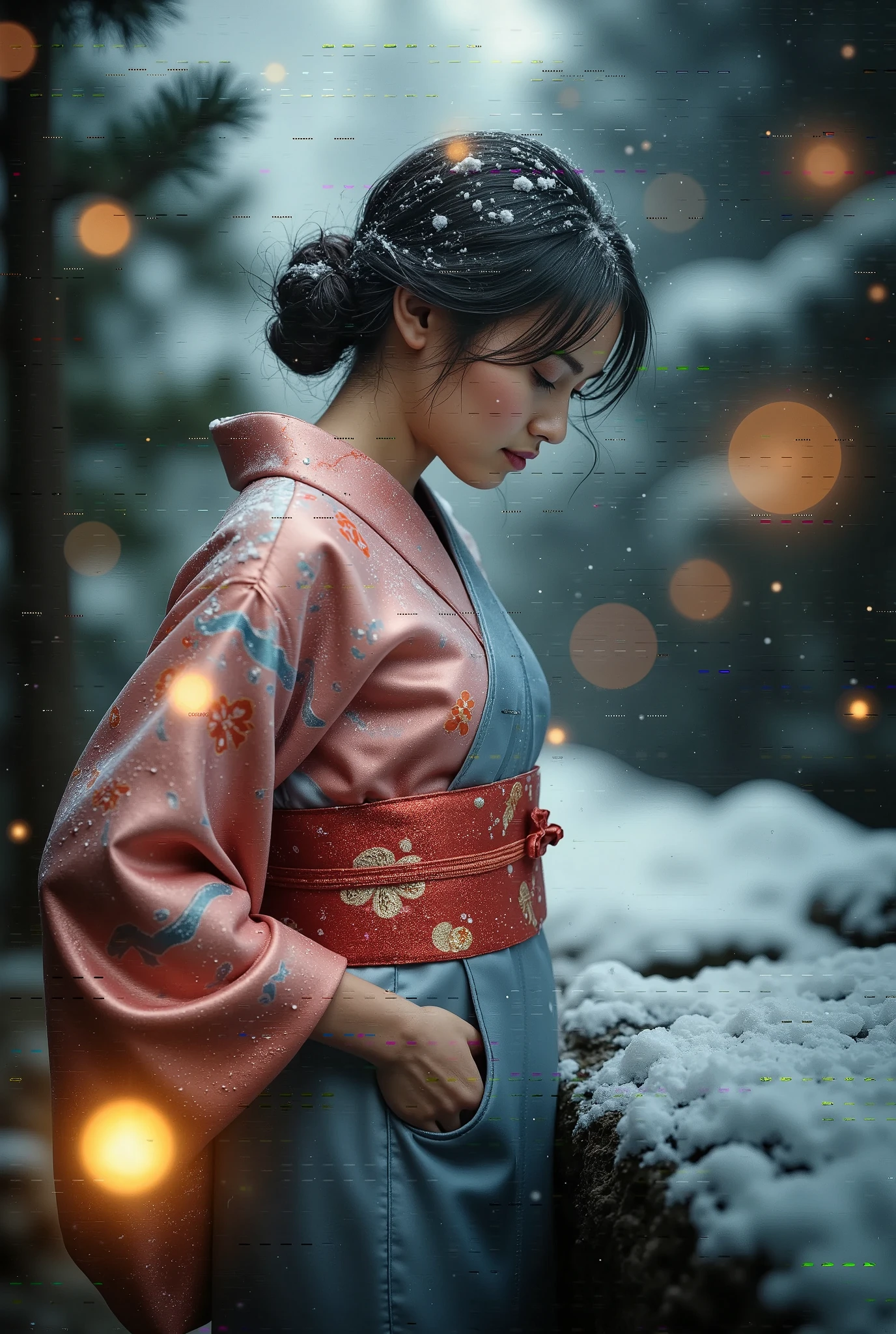 An award-winning 70s-style analog photograph of a beautiful Japanese woman standing gracefully near the edge of a steaming onsen during a tranquil Japanese winter. She wears an elegant yukata with intricate patterns of cherry blossoms, cranes, and waves in soft pink, deep red, and gold. Snowflakes gently fall around her, clinging to her flowing hair and the fabric of her yukata, while her serene expression reflects quiet contemplation.

The background features a traditional snow-covered onsen, surrounded by smooth stones and tall, snow-dusted pine trees. Rising mist from the steaming water contrasts with the cold, crisp air, as soft god rays filter through the branches, casting a warm golden light on the scene. The composition highlights her elegant form, the intricate details of her yukata, and the serene, ethereal beauty of a snowy Japanese winter onsen. The image has a distinct grainy 70s analog texture, lending a nostalgic and timeless quality.