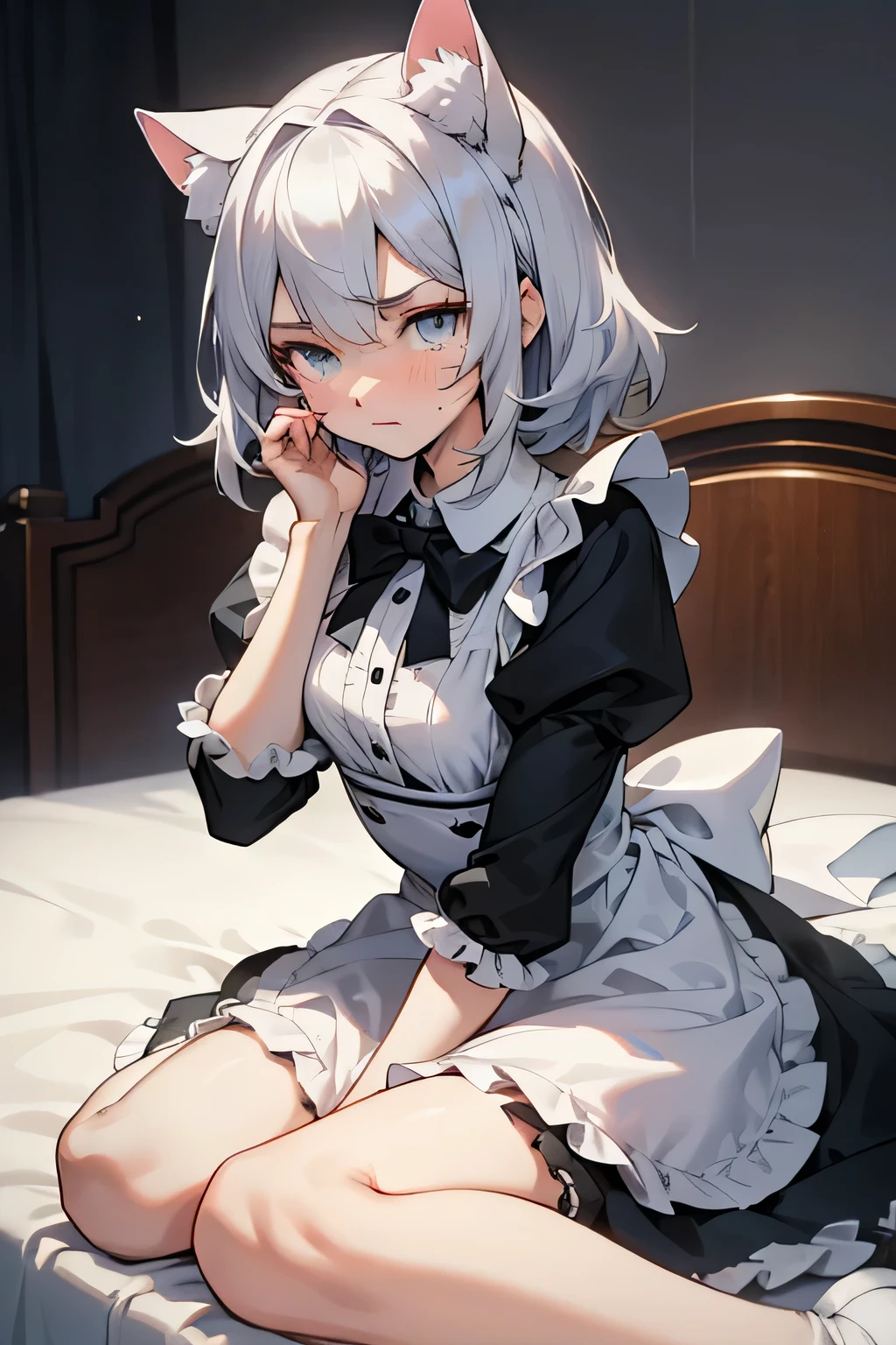 An anime-style illustration of a cute catgirl sitting on the bed. The character is a teenager with silver-gray hair. She has fluffy white cat ears, blue expressive eyes, and a soft, shy expression upset and angry, pouting, teary eyes, crying, tears. She is wearing a black and white frilly maid outfit with a bow tie, puffed sleeves, and lace accents. The character's pose is with one hand on her face and the other, lightly holding the edge of her dress., and her pale legs are visible. The lighting is soft and natural, highlighting her face and outfit details. The overall tone is detailed, clean, and polished, with a focus on its cute and elegant appearance. High-quality, vibrant colors, soft shading, and intricate details on the character's outfit and hair, anime, detailed, soft shading, vibrant, high quality, cute, catgirl, maid outfit, cozy setting