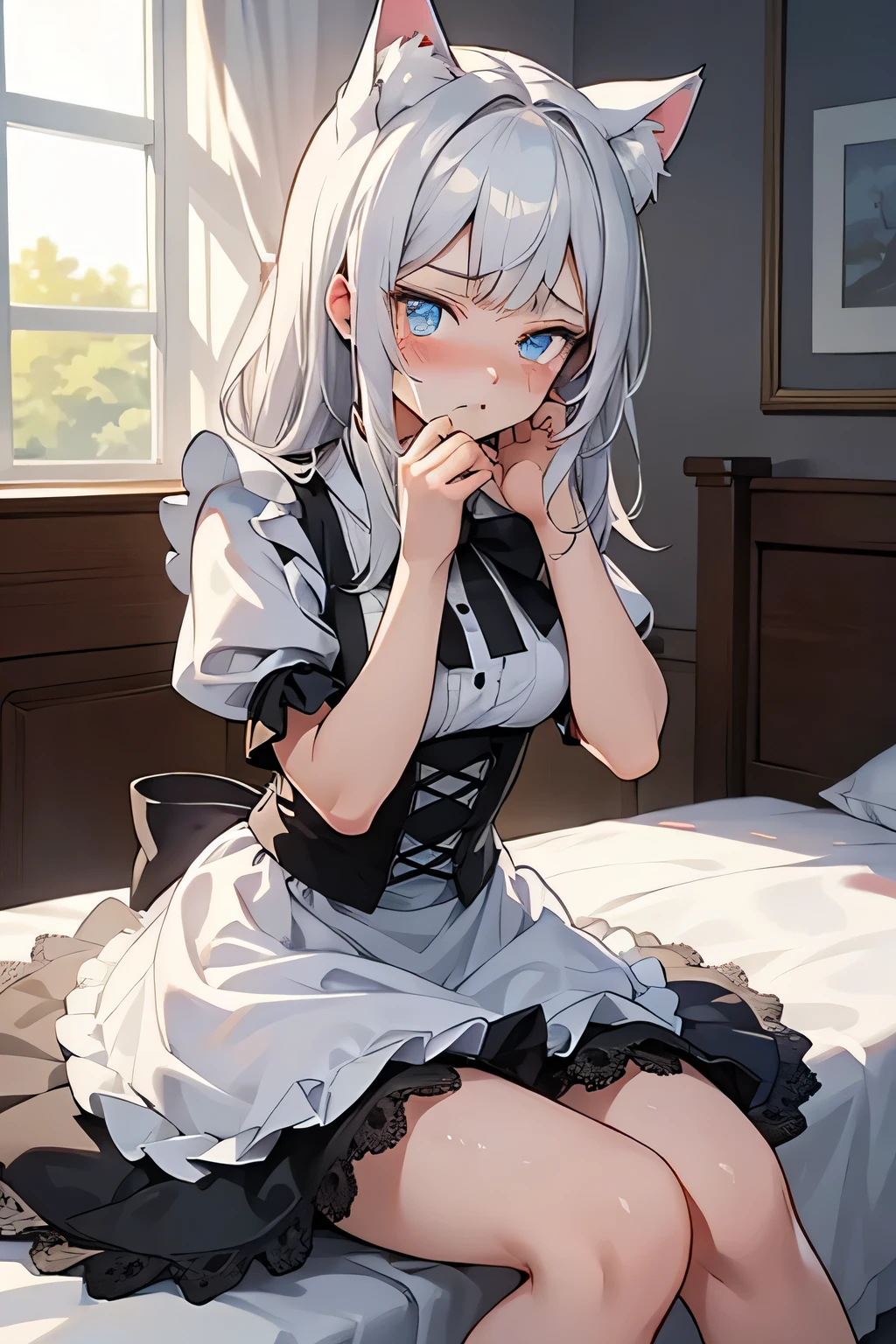 An anime-style illustration of a cute catgirl sitting on the bed. The character is a teenager with silver-gray hair. She has fluffy white cat ears, blue expressive eyes, and a soft, shy expression upset and angry, pouting, teary eyes, crying, tears. She is wearing a black and white frilly maid outfit with a bow tie, puffed sleeves, and lace accents. The character's pose is with one hand on her face and the other, lightly holding the edge of her dress., and her pale legs are visible. The lighting is soft and natural, highlighting her face and outfit details. The overall tone is detailed, clean, and polished, with a focus on its cute and elegant appearance. High-quality, vibrant colors, soft shading, and intricate details on the character's outfit and hair, anime, detailed, soft shading, vibrant, high quality, cute, catgirl, maid outfit, cozy setting