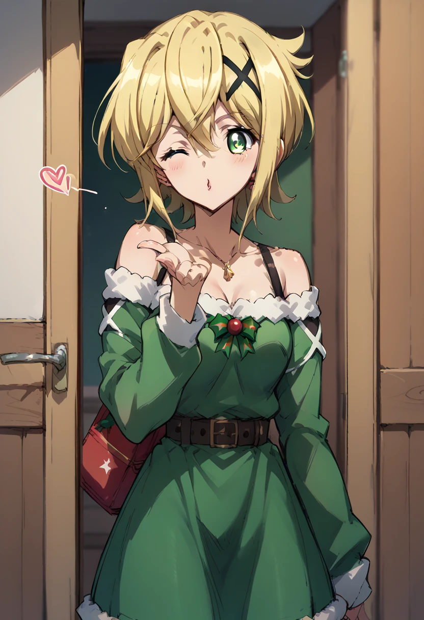 Akatsuki Kirika,blowing kiss, wink,christmas costume,simple green&red christmas costume,Off-Shoulder,dress,standing 