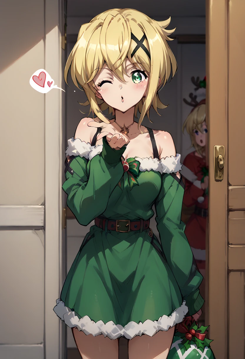 Akatsuki Kirika,blowing kiss, wink,christmas costume,simple green&red christmas costume,Off-Shoulder,dress,standing 