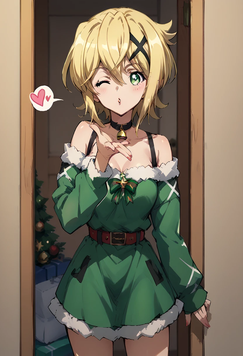 Akatsuki Kirika,blowing kiss, wink,christmas costume,simple green&red christmas costume,Off-Shoulder,dress,standing 