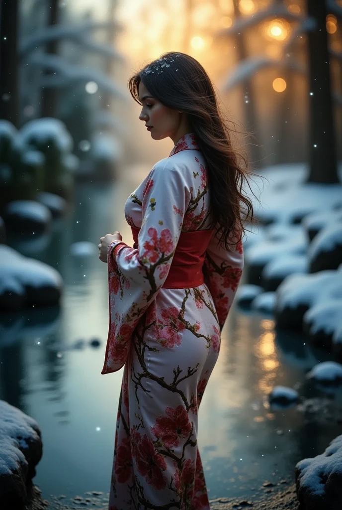 An award-winning 70s-style analog photograph of a beautiful Japanese woman standing gracefully near the edge of a steaming onsen during a tranquil Japanese winter. She wears an elegant yukata with intricate patterns of cherry blossoms, cranes, and waves in soft pink, deep red, and gold. Snowflakes gently fall around her, clinging to her flowing hair and the fabric of her yukata, while her serene expression reflects quiet contemplation.

The background features a traditional snow-covered onsen, surrounded by smooth stones and tall, snow-dusted pine trees. Rising mist from the steaming water contrasts with the cold, crisp air, as soft god rays filter through the branches, casting a warm golden light on the scene. The composition highlights her elegant form, the intricate details of her yukata, and the serene, ethereal beauty of a snowy Japanese winter onsen. The image has a distinct grainy 70s analog texture, lending a nostalgic and timeless quality.