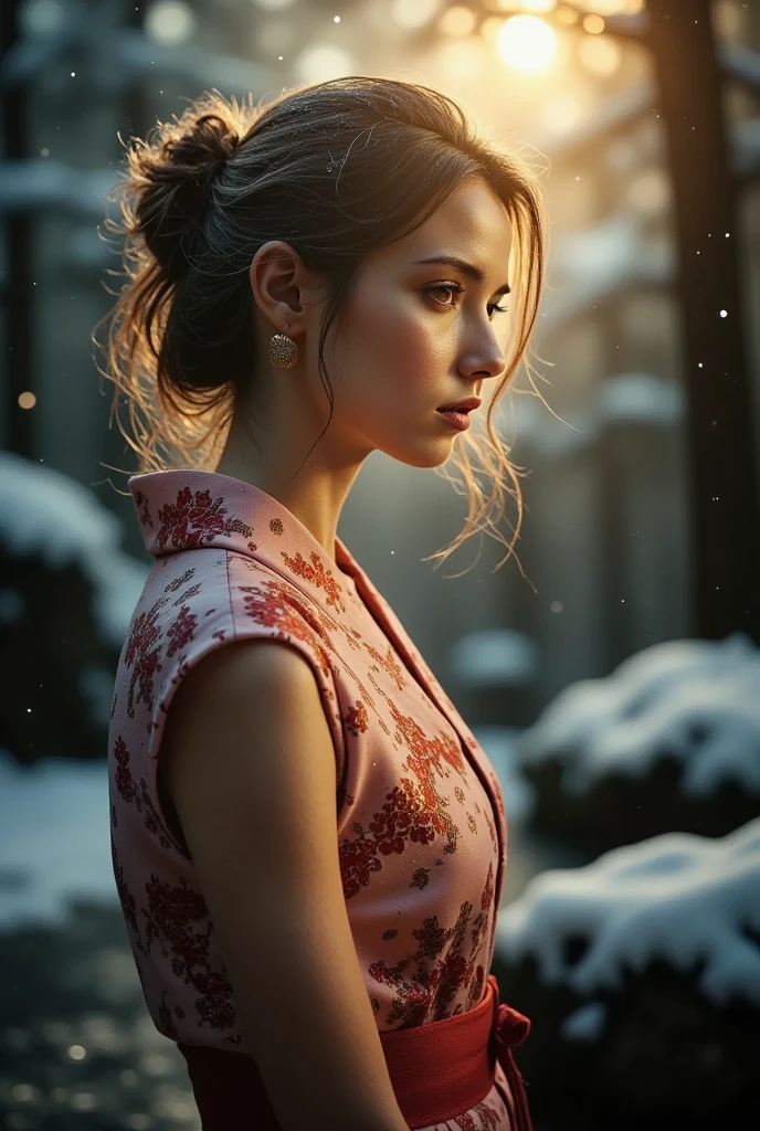 An award-winning 70s-style analog photograph of a beautiful Japanese woman standing gracefully near the edge of a steaming onsen during a tranquil Japanese winter. She wears an elegant yukata with intricate patterns of cherry blossoms, cranes, and waves in soft pink, deep red, and gold. Snowflakes gently fall around her, clinging to her flowing hair and the fabric of her yukata, while her serene expression reflects quiet contemplation.

The background features a traditional snow-covered onsen, surrounded by smooth stones and tall, snow-dusted pine trees. Rising mist from the steaming water contrasts with the cold, crisp air, as soft god rays filter through the branches, casting a warm golden light on the scene. The composition highlights her elegant form, the intricate details of her yukata, and the serene, ethereal beauty of a snowy Japanese winter onsen. The image has a distinct grainy 70s analog texture, lending a nostalgic and timeless quality.