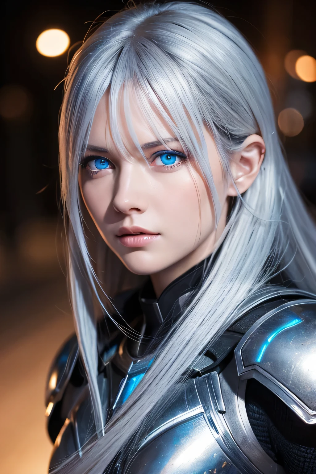 A dynamic drawing series depicting a female warrior with silver hair and blue eyes., 8k,   Ultra High Resolution,  ultra detail ,  High Definition ,( well-designed face ),  Amazing Face , ( super detailed ),  beautiful eyes,  soft lighting ,,  outdoors on the street at night, That&#39;s right.,, urushisato,1980s,,  beautiful detailed eyes,  mechanical parts, Asymmetric hair , thigh high socks,  big butt from back , clevis on a stone,