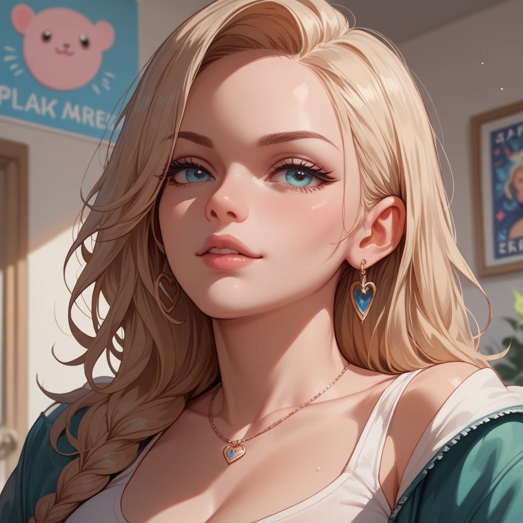 Woman blonde hair green eyes and pink batm and a black top, Realistic art style, Ross draws a portrait, art germ portrait, realistic anime art style., 4k realistic digital art, 4k realistic digital art, german art bokeh 8k, deviantart art station cgscosiety, Extremely detailed artgerm, made with anime painter studio, RossDraw digital painting